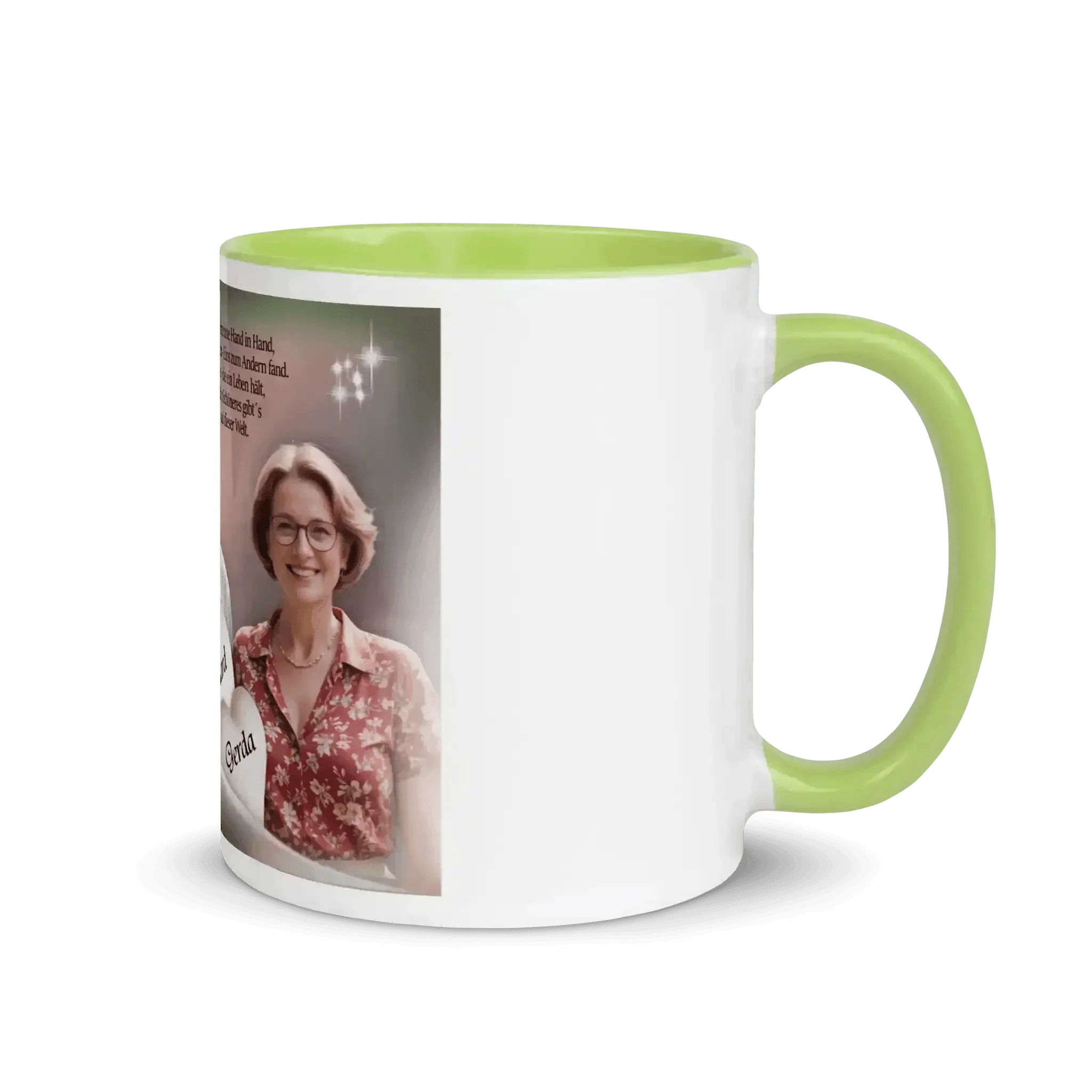 Personalisierte Tasse hellgrün mit Foto, Namen und Spruch als Geschenk zur Hochzeit