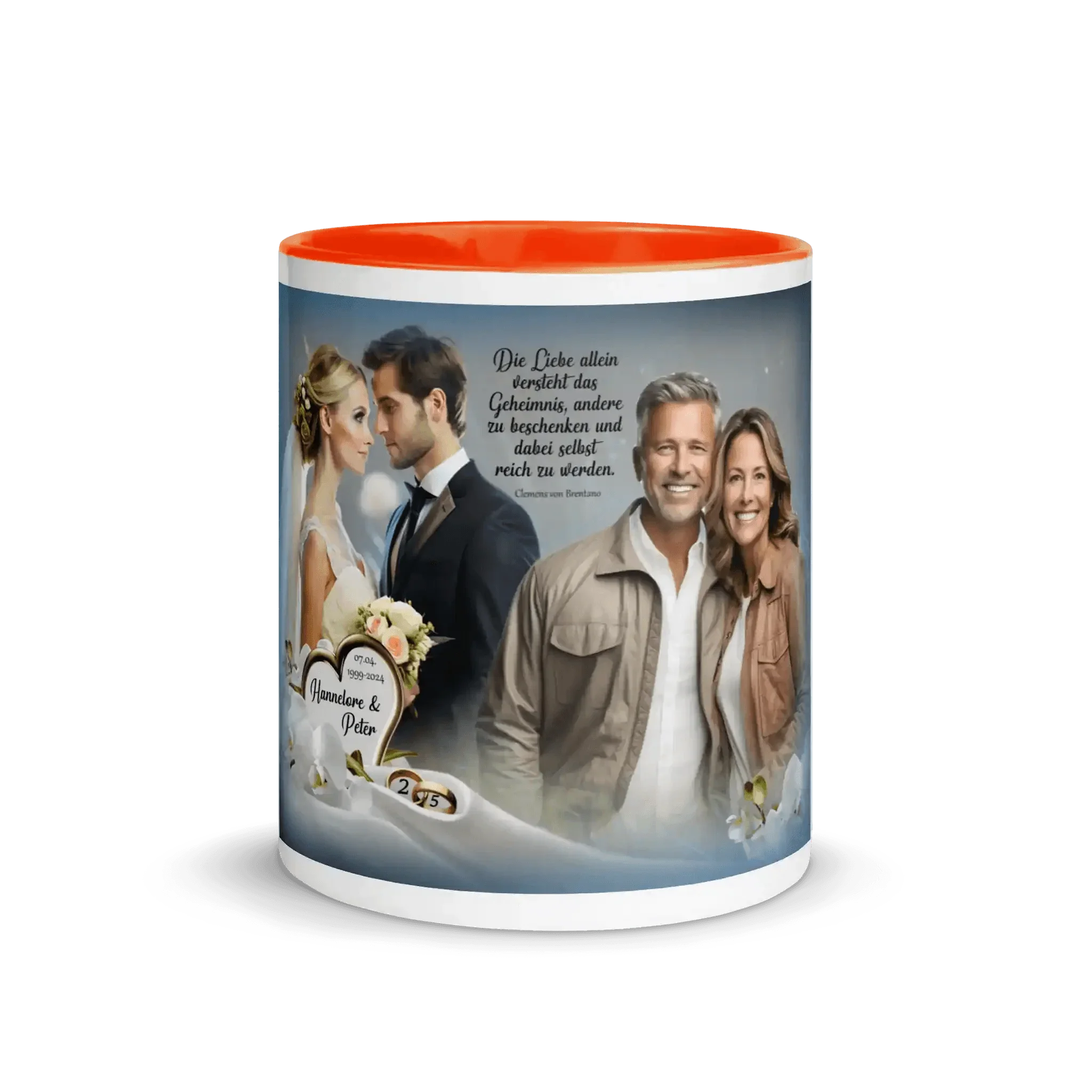 Tasse mit Hochzeitsmotiv, Brautpaar, älteres Paar, Spruch und Herz, orange innen