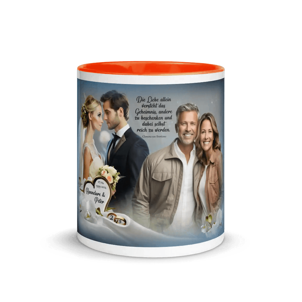 Tasse mit orangefarbener Innenseite, Hochzeitsmotiv, Brautpaar, Paarfoto, Zitat, personalisiert