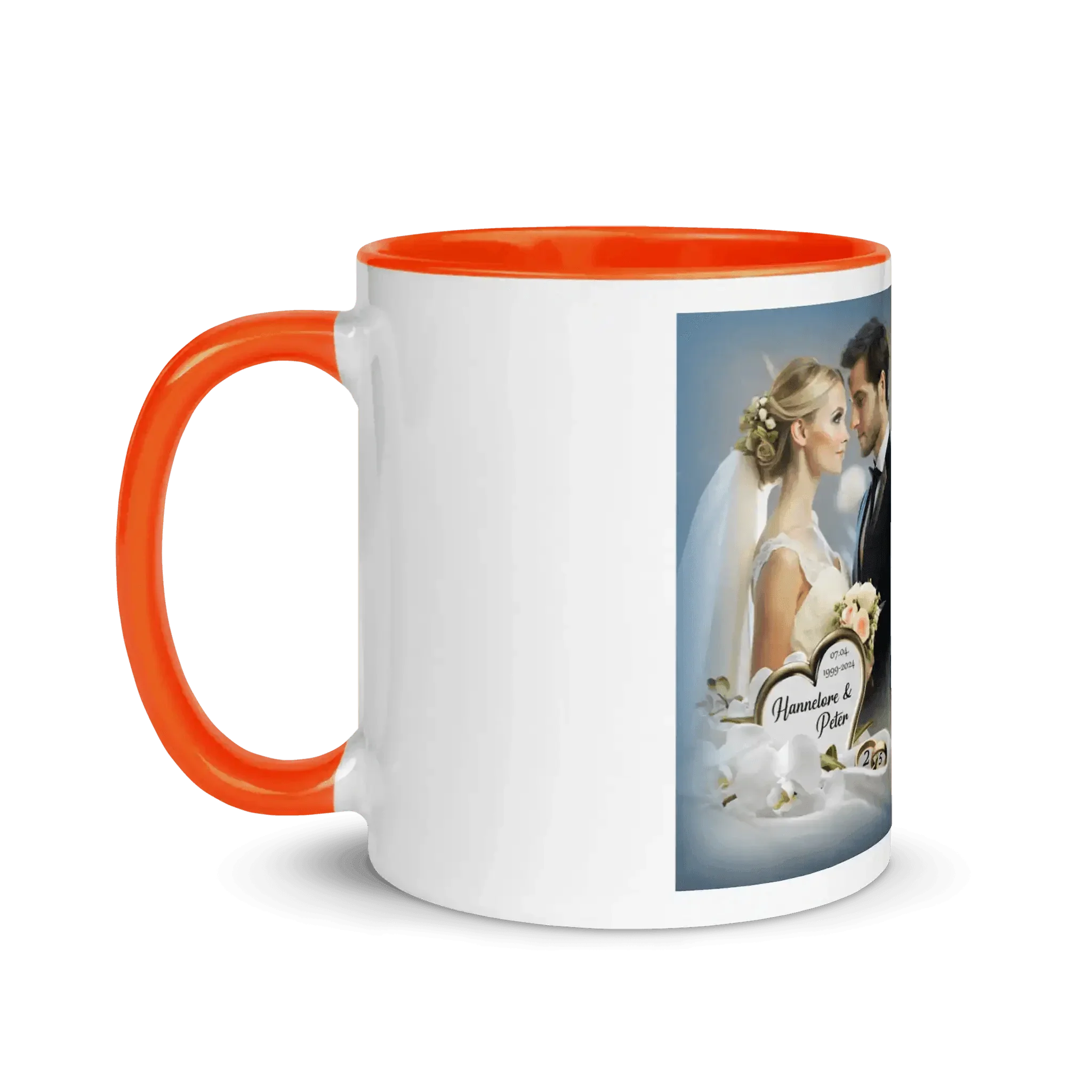 Orange-weiße Tasse mit Hochzeitsmotiv, Brautpaar und Blumen, personalisierbar