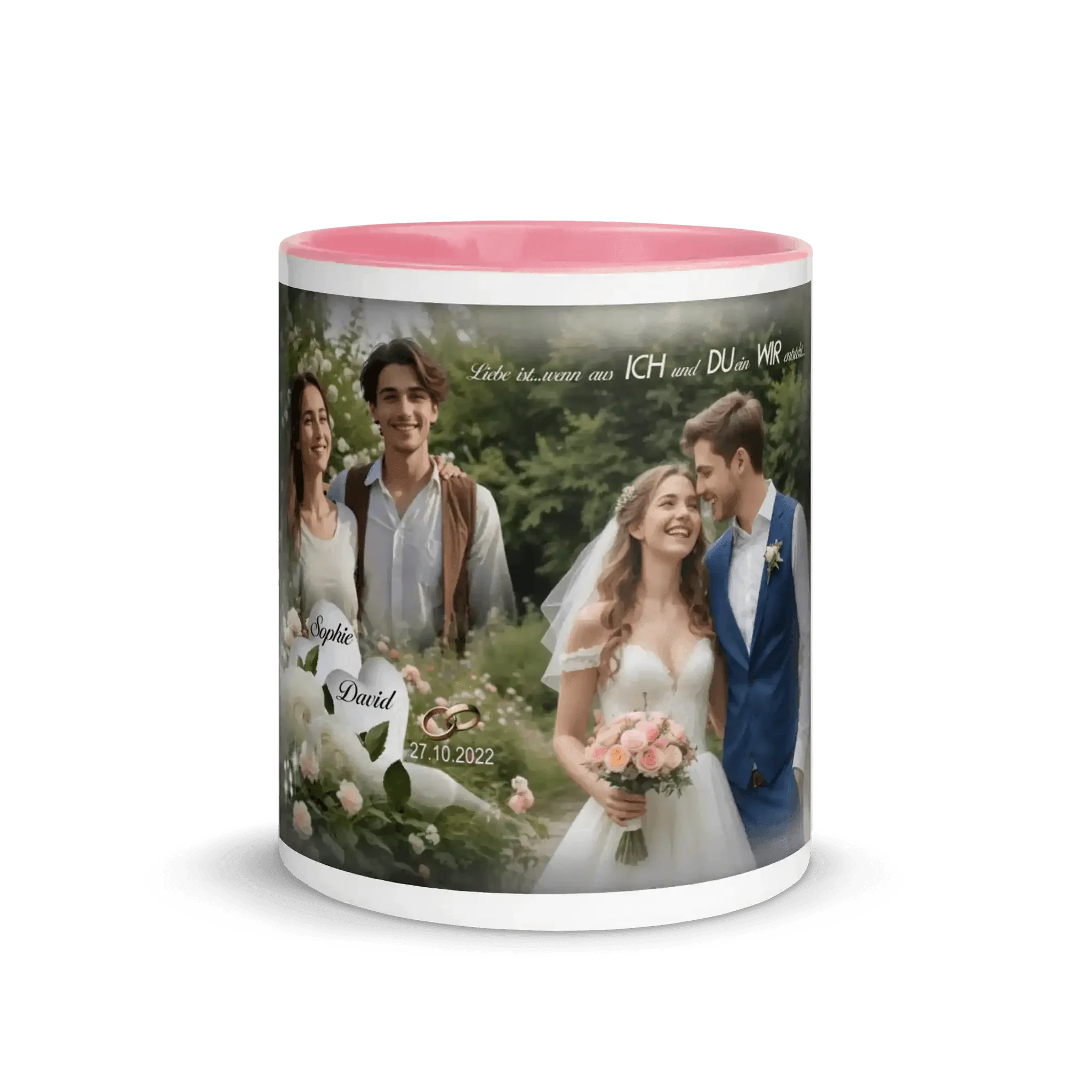 Personalisierte Hochzeitstasse in Rosa mit Brautpaar, Blumendekor und Datum Motiv.