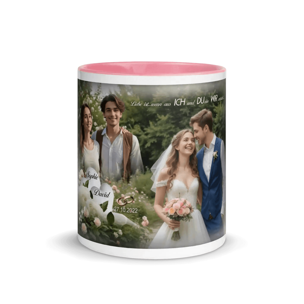 Personalisierte Hochzeitstasse mit Brautpaar, Trauzeugen und Blumendekor, rosafarbene Innenseite