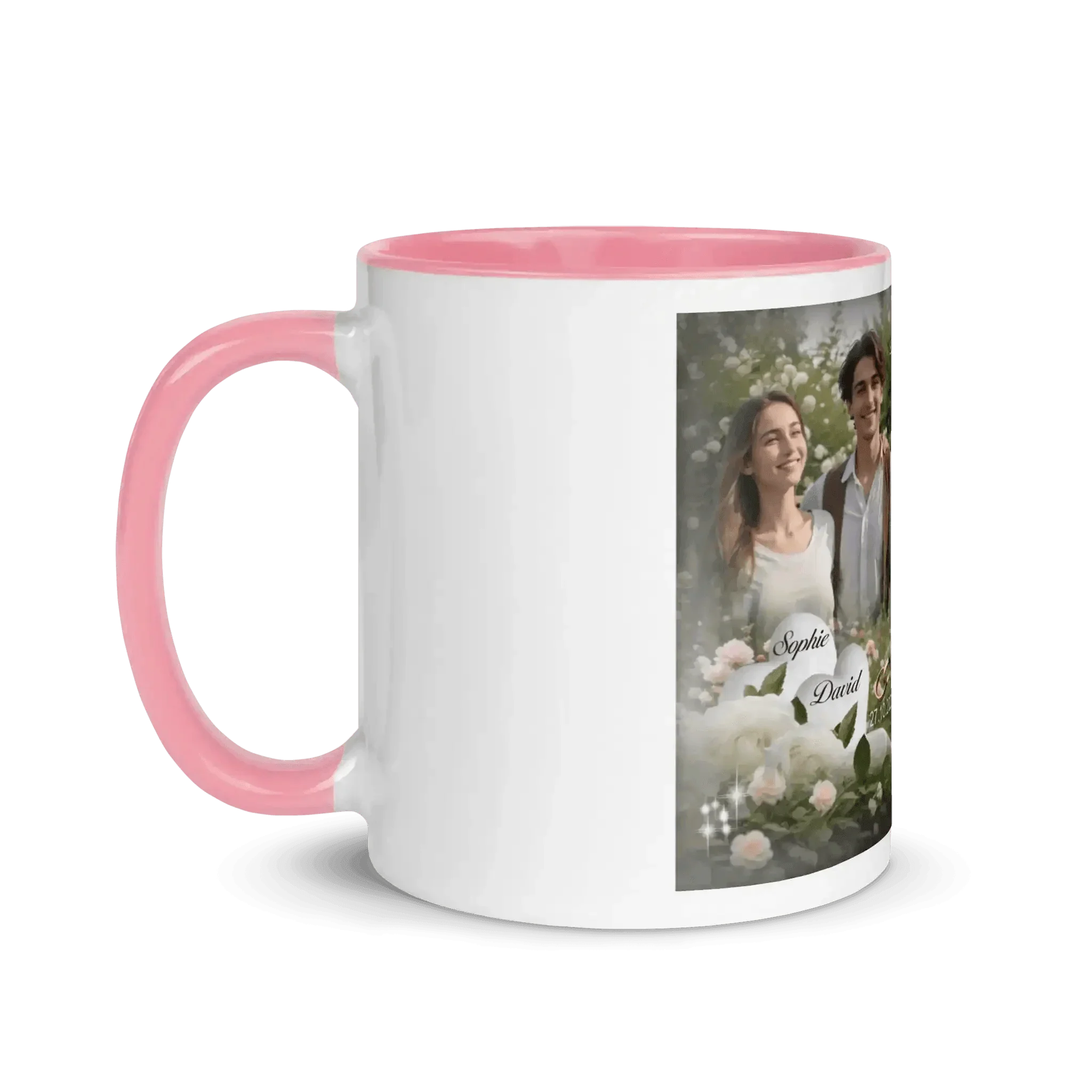 Personalisierte Hochzeitstasse mit rosa Henkel, Brautpaar-Foto und Blumendekor