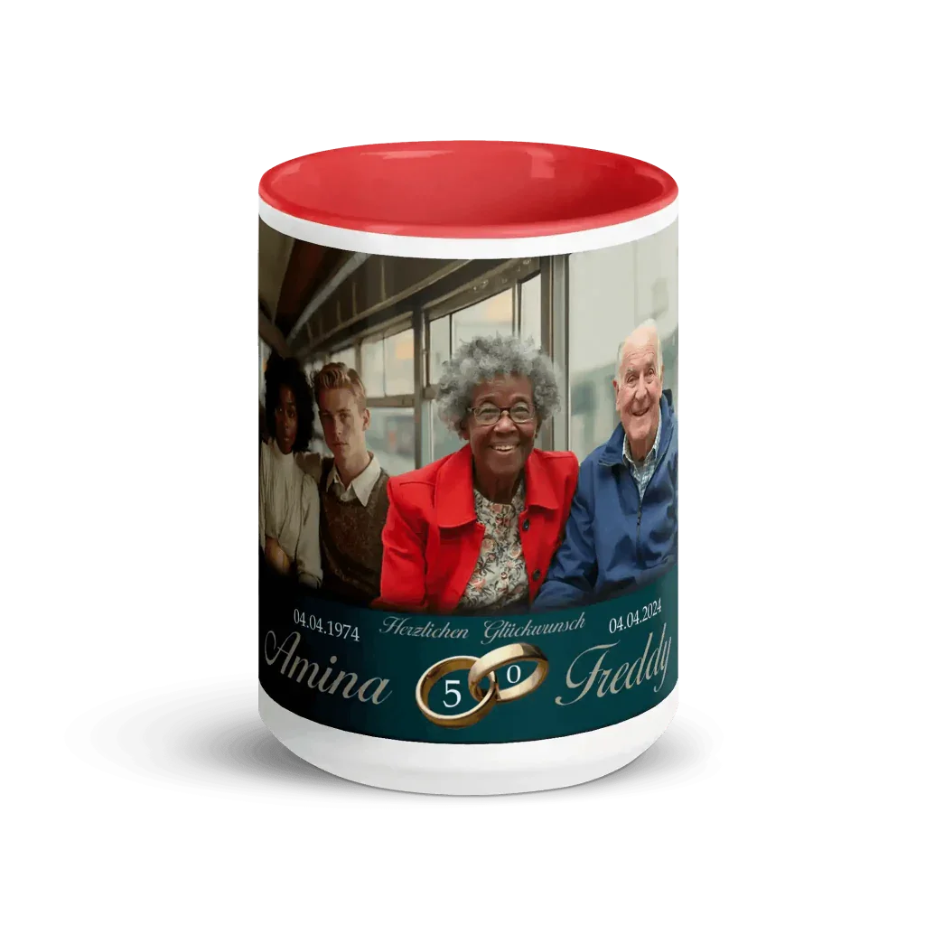 Personalisierte Hochzeitstasse mit rotem Rand, Foto älteres Paar, goldene Ringe, Namen, Daten
