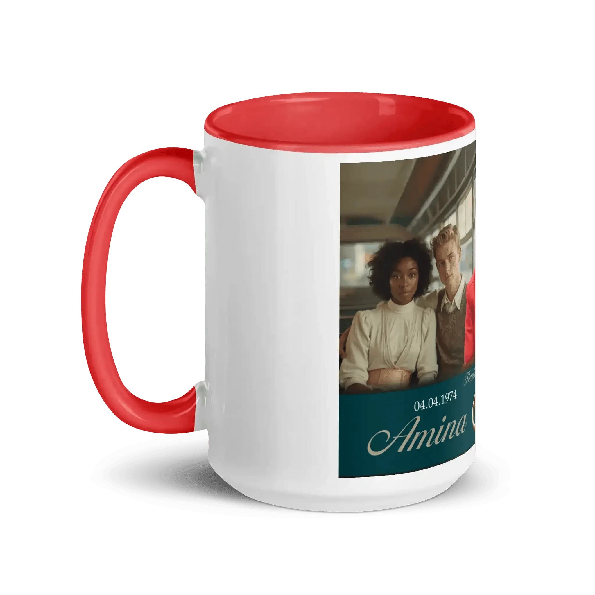 Weiße Tasse mit rotem Henkel und personalisiertem Hochzeitsfoto, Geschenkidee Hochzeit.