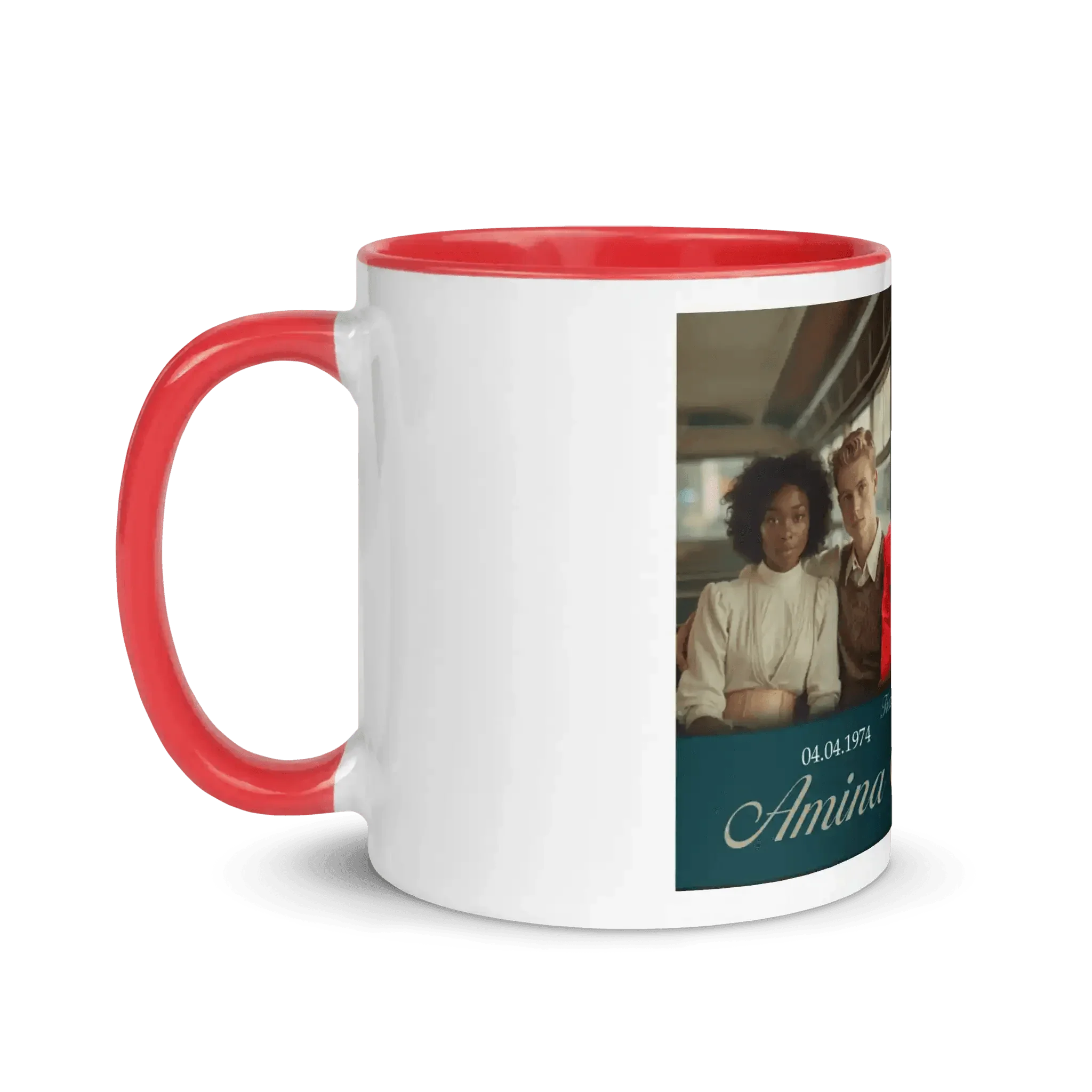 Weiße Tasse mit rotem Henkel und Innenfläche, personalisiertes Foto Hochzeitspaar, Hochzeitsdatum