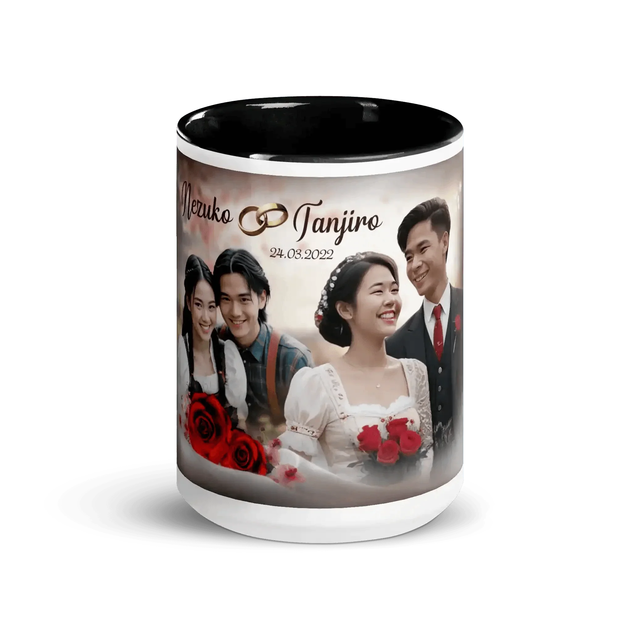 Schwarze Tasse mit Hochzeitsfoto, Paar, roten Rosen und Datum, personalisiertes Geschenk