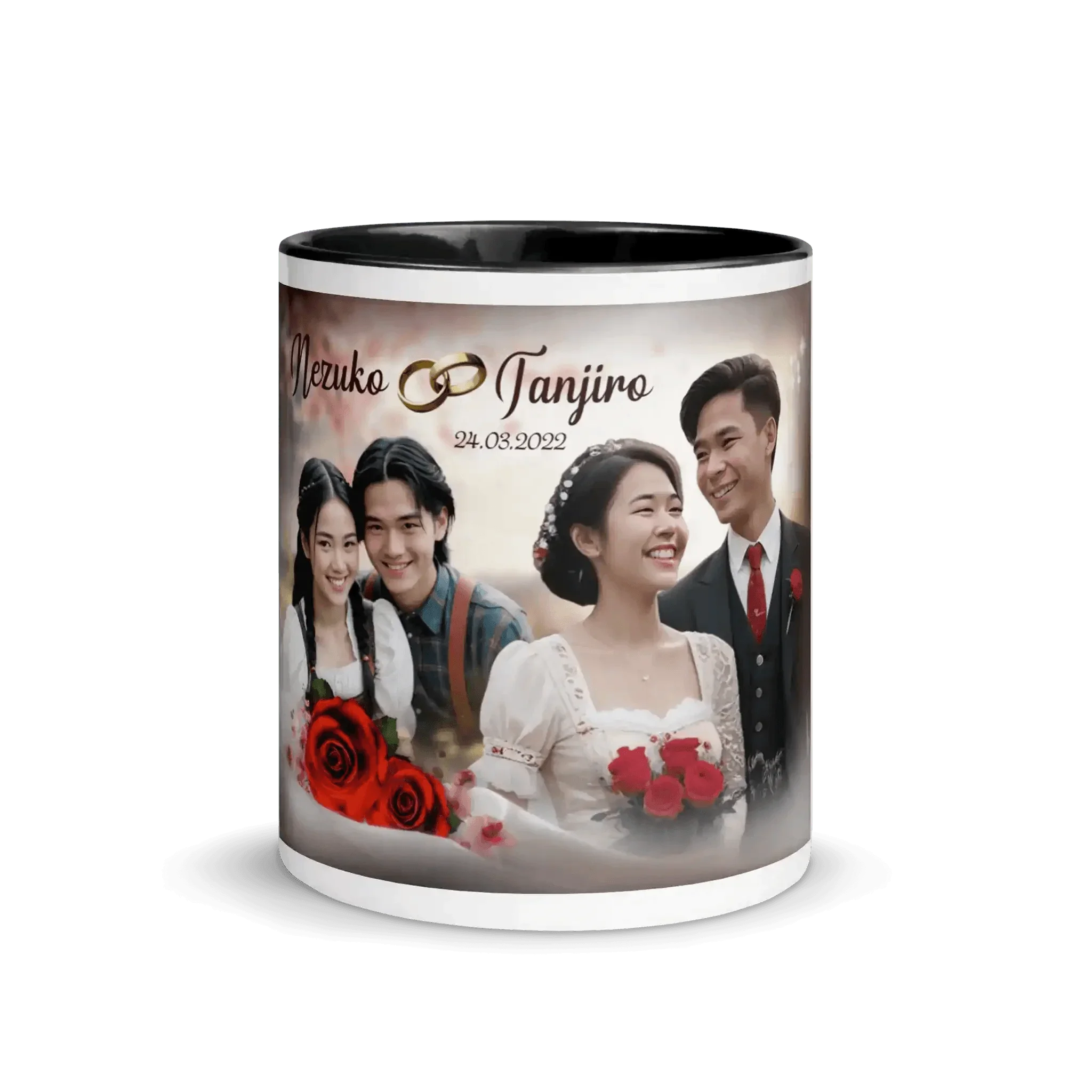 Schwarze Hochzeitstasse mit Brautpaar, roten Rosen und Datum 24.03.2022, personalisiertes Design
