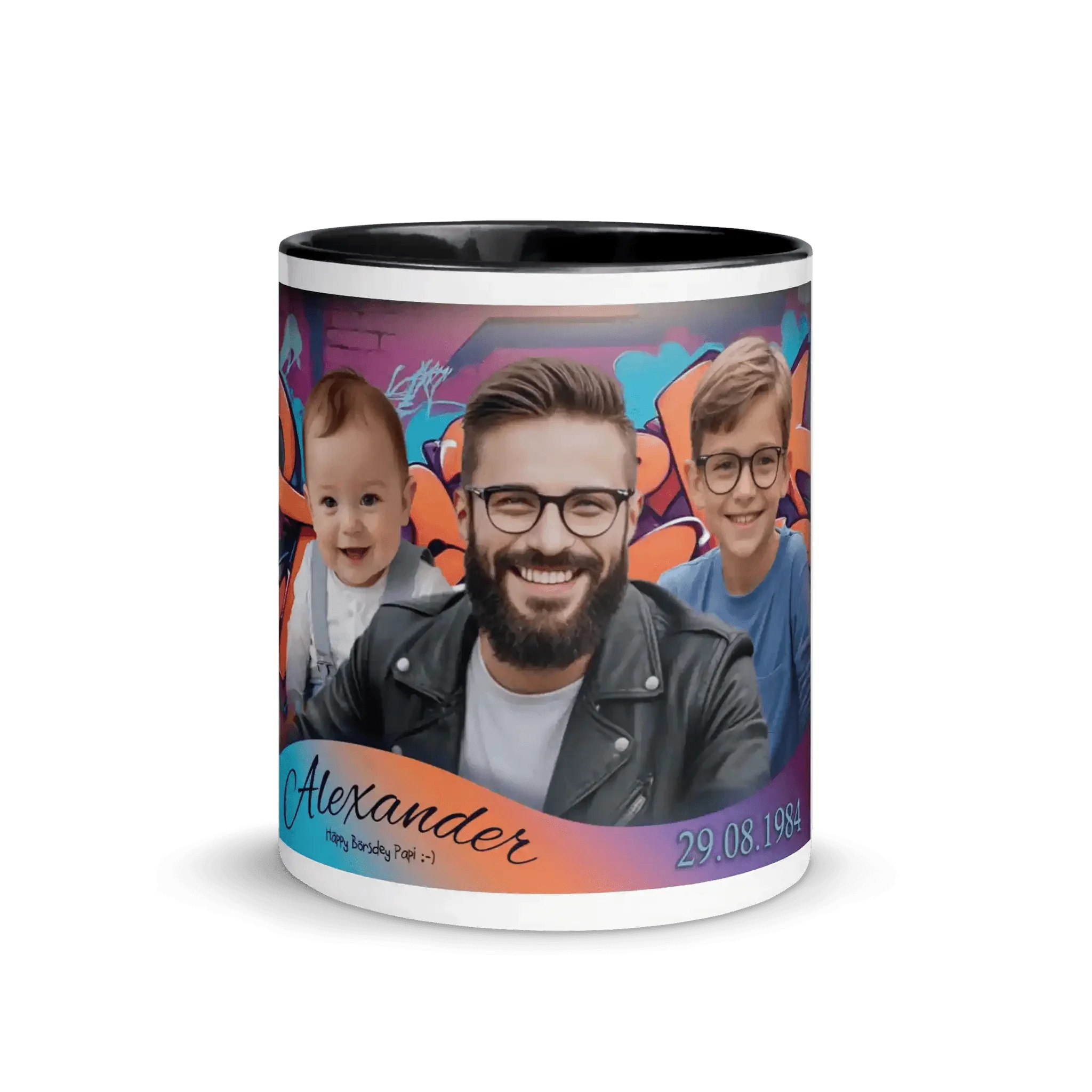 Personalisierte Fototasse schwarz mit Familienfoto, bunter Graffiti-Hintergrund, Name und Datum
