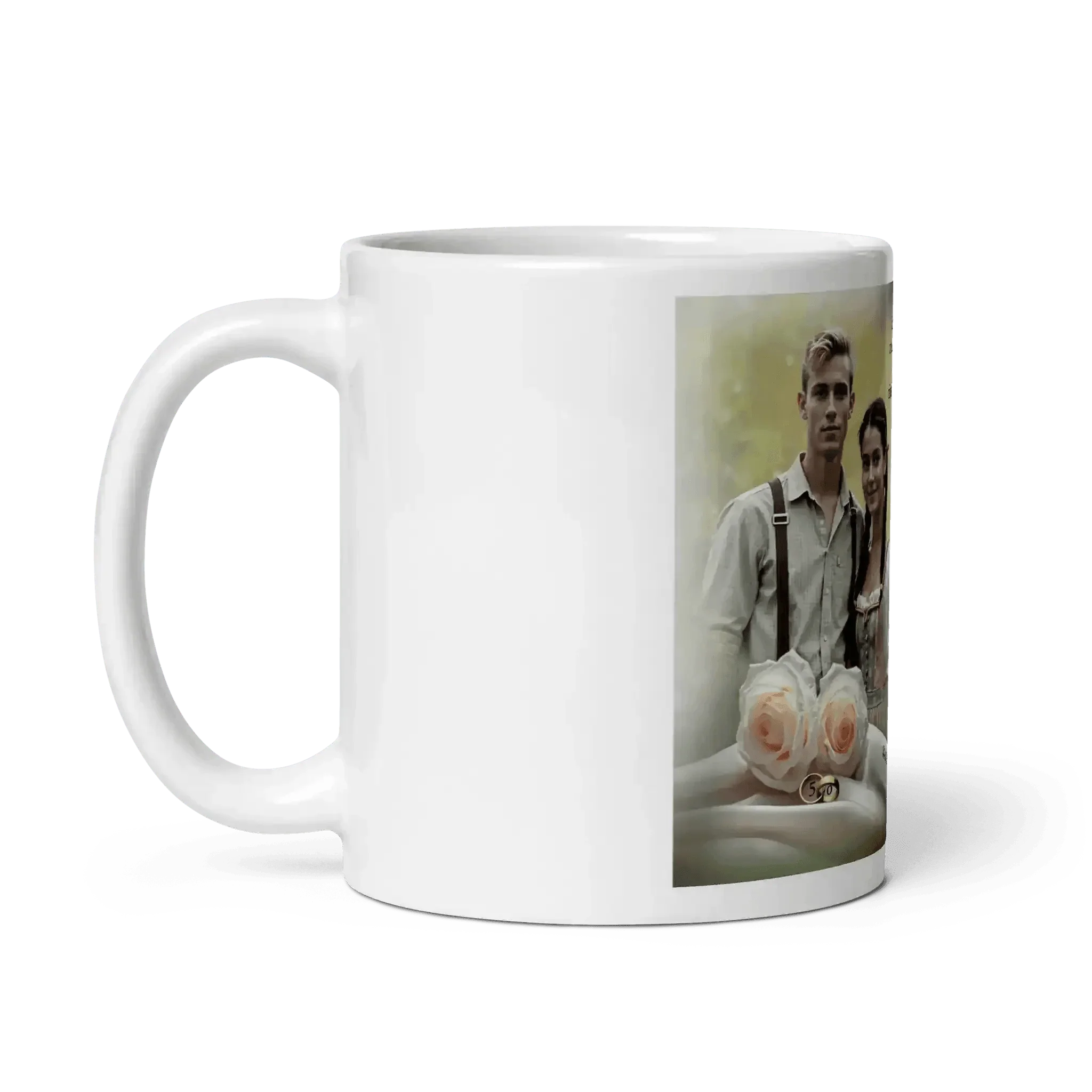 Weiße Tasse mit Hochzeitsfoto, Brautpaar und Blumen, personifizierbares Geschenk