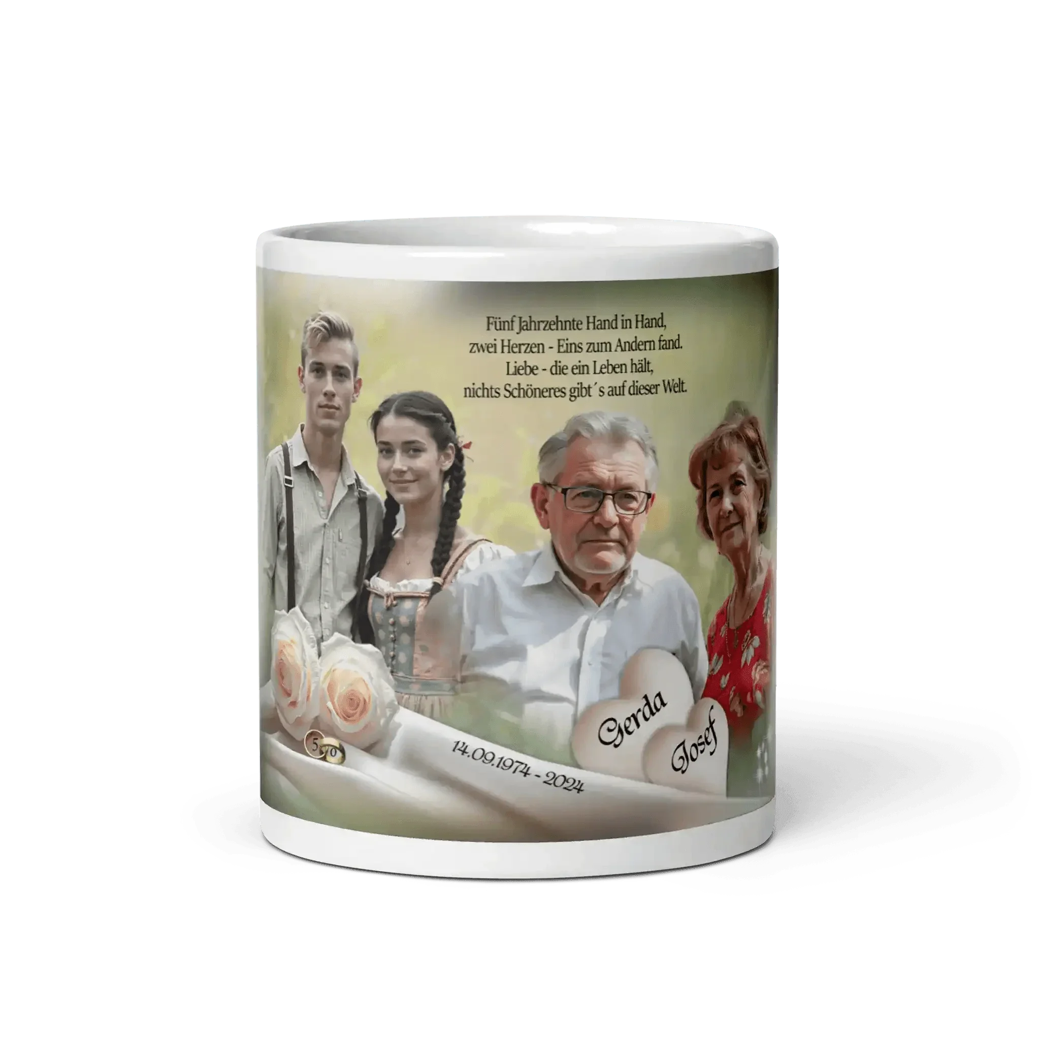 Personalisierte weiße Tasse zur goldenen Hochzeit mit Familienfoto, Namen und Gedicht
