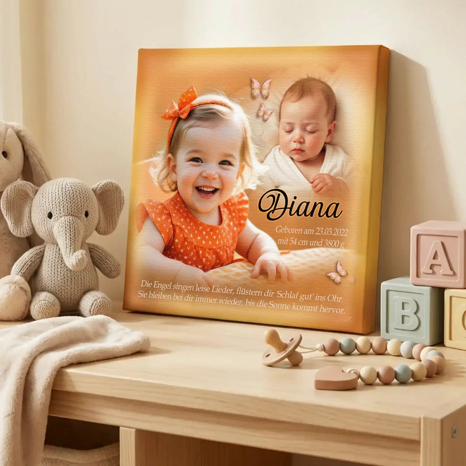 Individuelles Geschenk zur Taufe oder Geburt. Leinwand mit Foto, Namen und Text als Taufgeschenk. Herziges Design für kleine Prinzessinnen.
