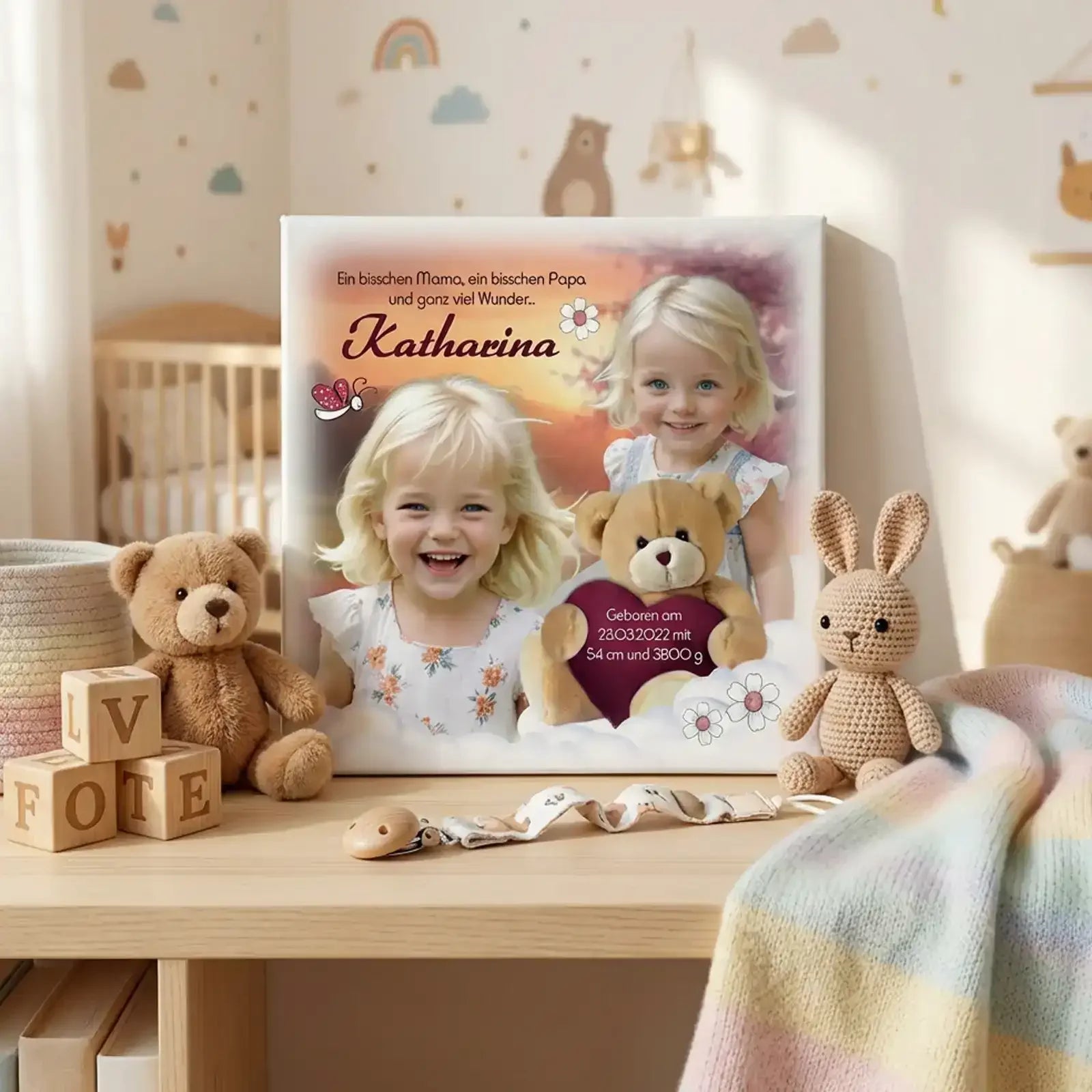 Einzigartiges Geschenk zur Taufe oder Geburt. Leinwand mit Foto, Namen und Text als Taufgeschenk. Originelles Design mit Teddybär.