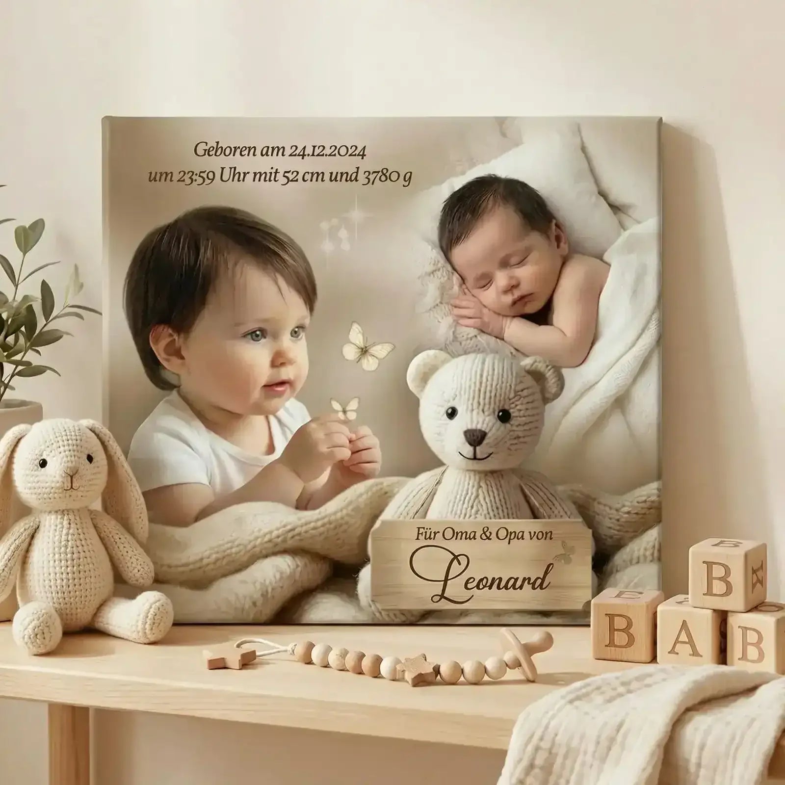 Individuelles Geschenk zur Taufe oder Geburt. Leinwand mit Foto, Namen und Text als Taufgeschenk. Exklusiv für Großeltern und Taufpaten.