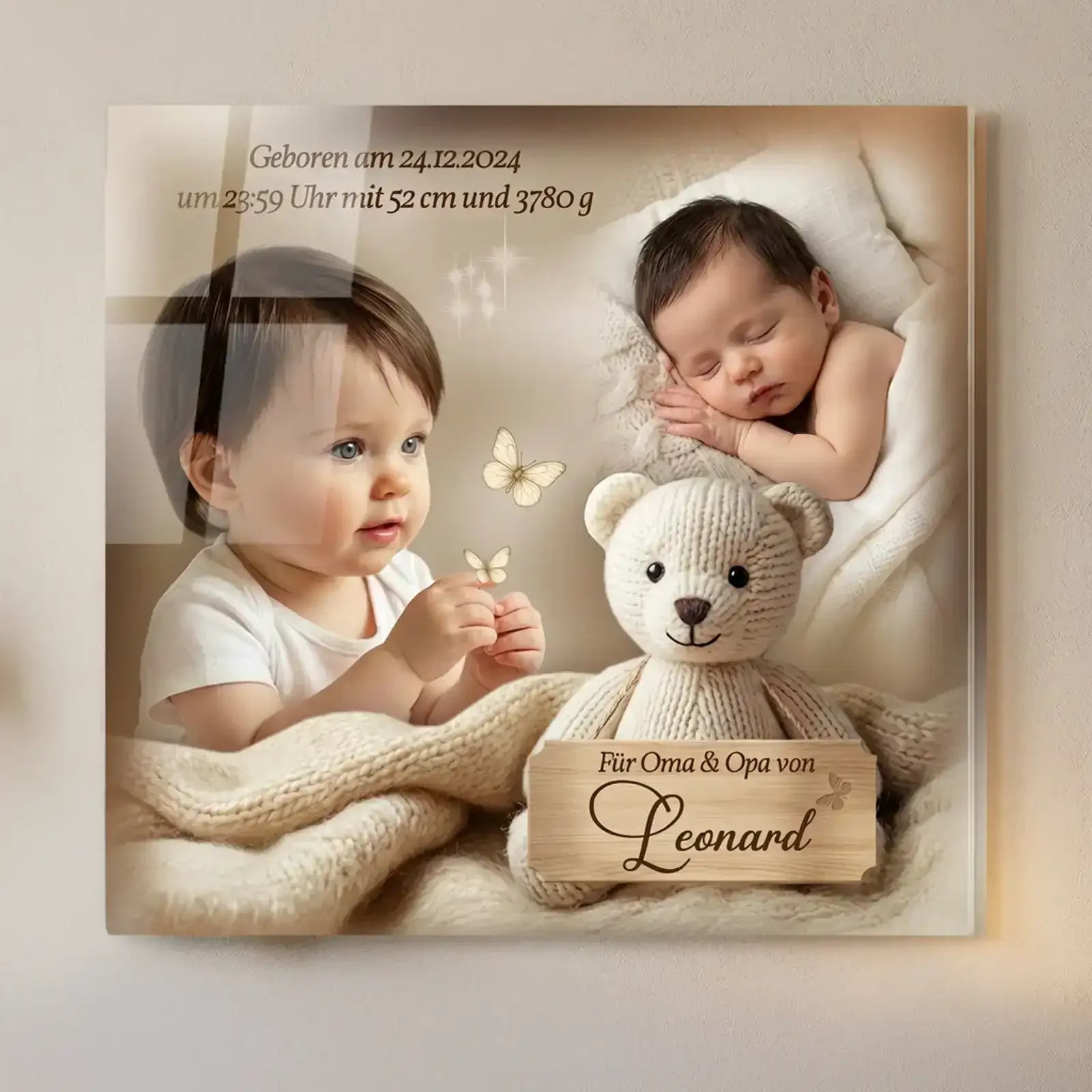 personalisiertes Geschenk zur Taufe mit Babyfoto, Name Leonard und Geburtsdaten