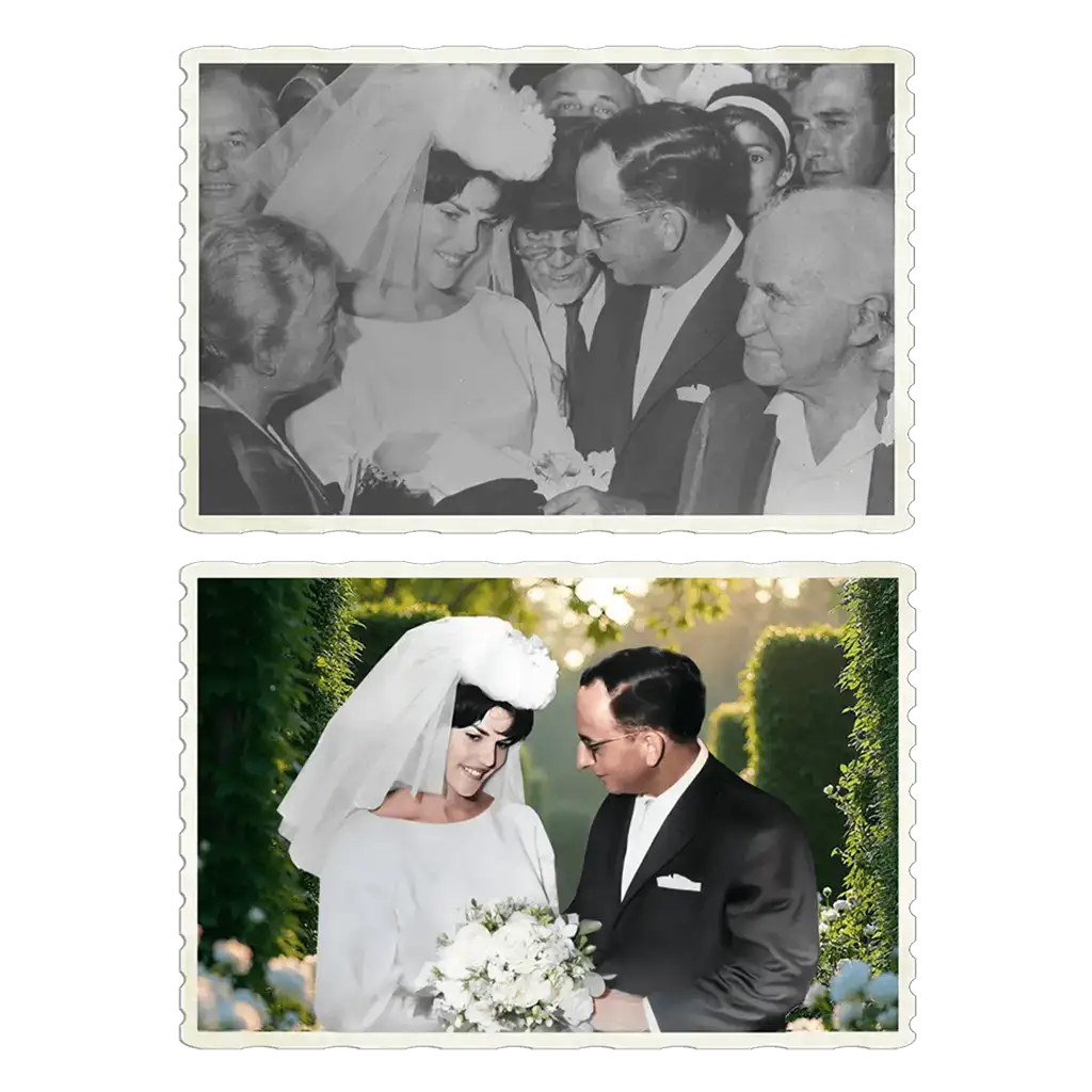 Vorher-Nachher-Bild Hochzeitspaar, oben schwarz-weiß, unten farbig restauriert, Braut mit Blumenstrauß