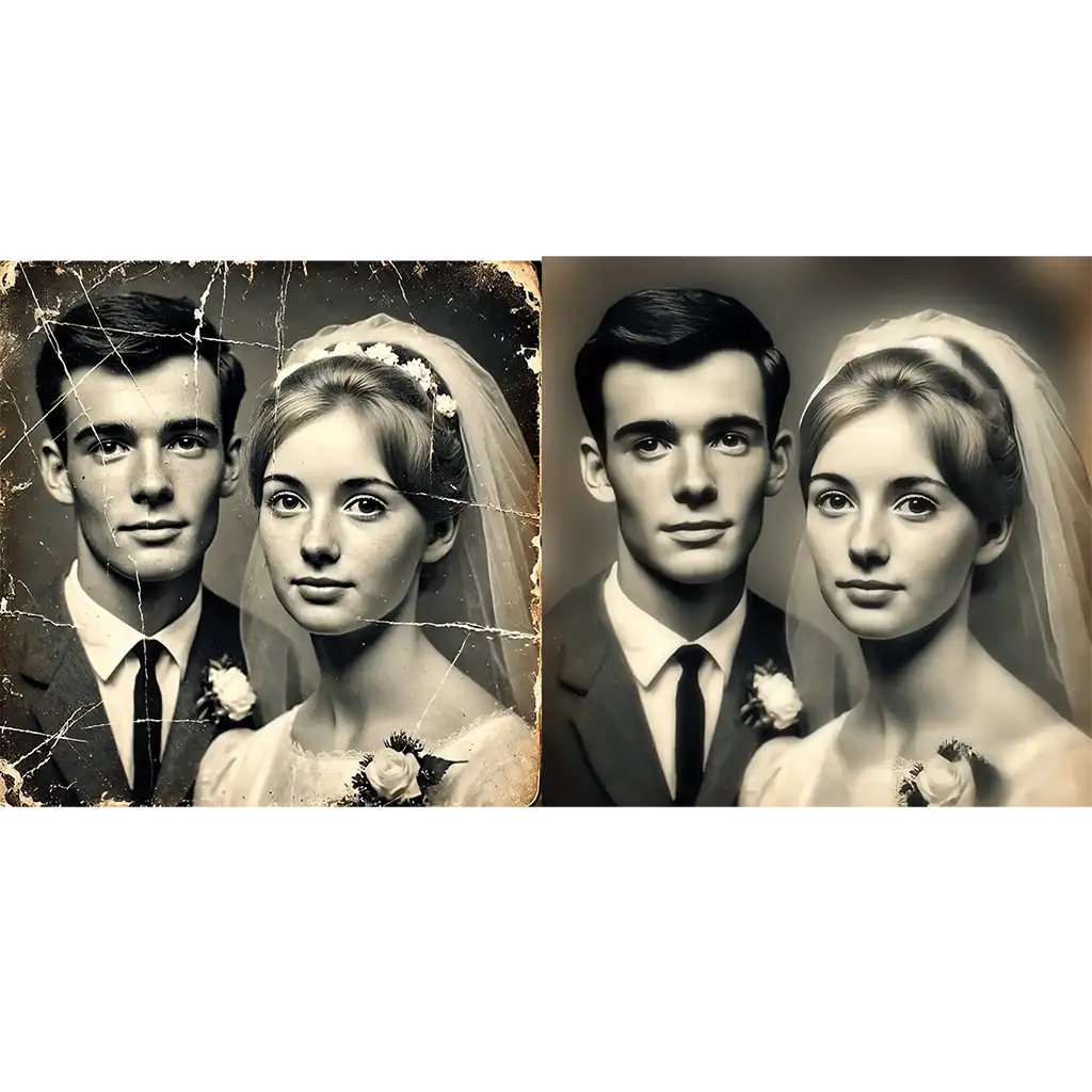 Vorher-nachher-Restaurierung eines alten Hochzeitsfotos, Brautpaar, Bildbearbeitung