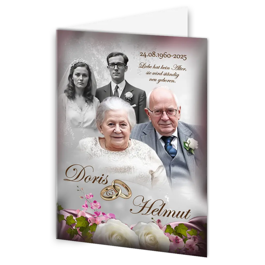 Hochwertige Klappkarte mit Foto und goldener Schrift zur Eisernen Hochzeit