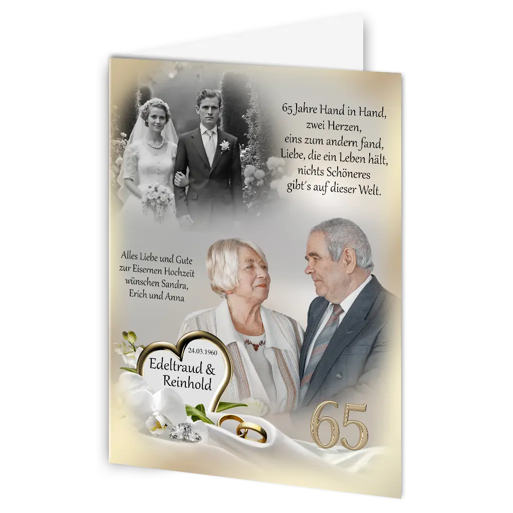 Personalisierte Karte mit Ringen und Jubiläumsdatum 65 Jahre