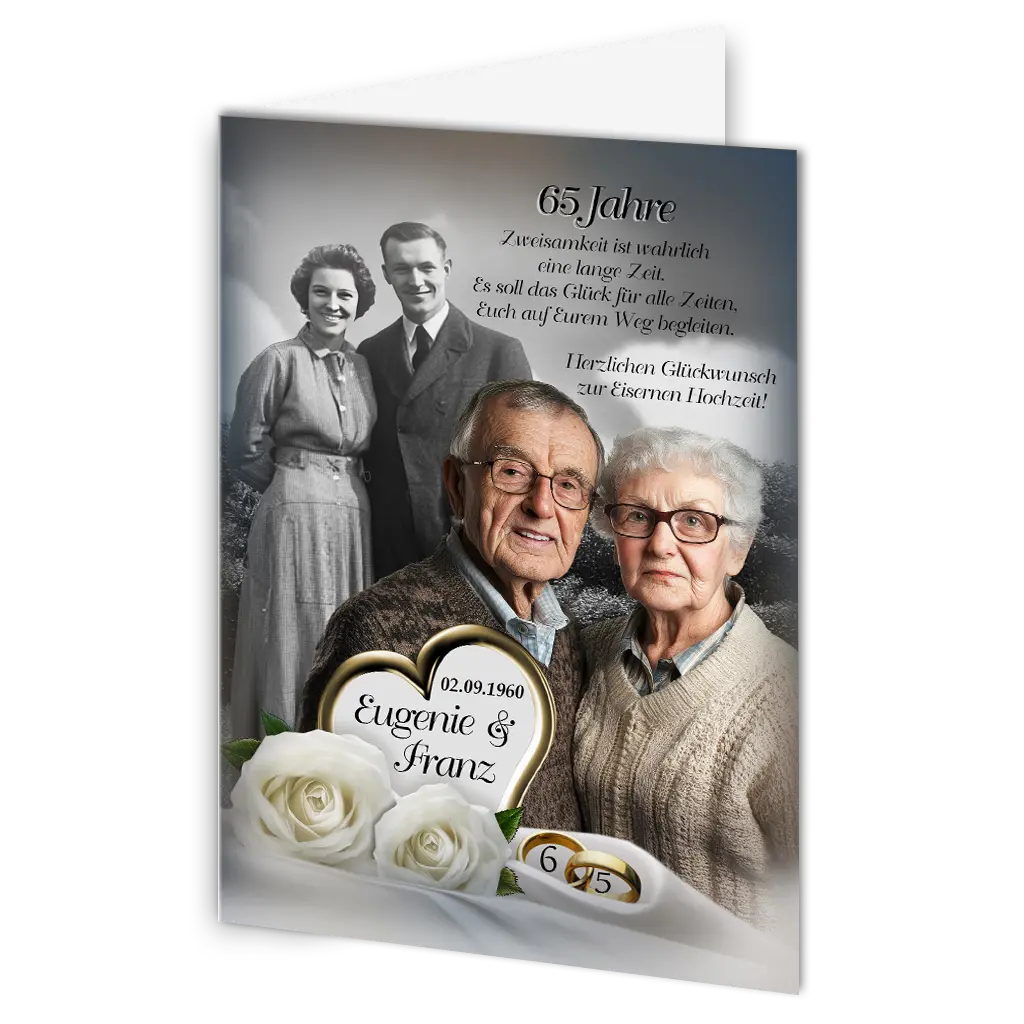 Karte mit Erinnerungsfoto und weißen Rosen zur Eisernen Hochzeit
