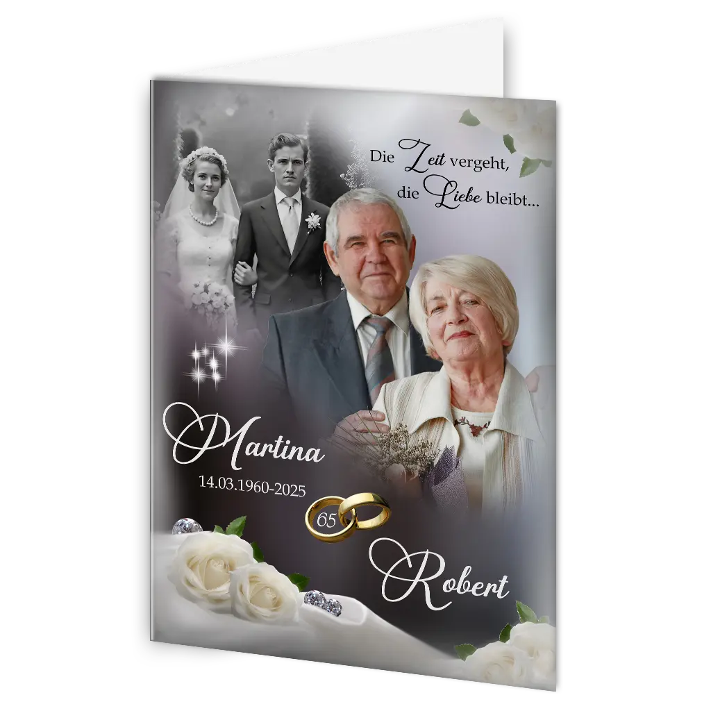 Doppelkarte zur Eisernen Hochzeit mit eigenem Spruch und Bild