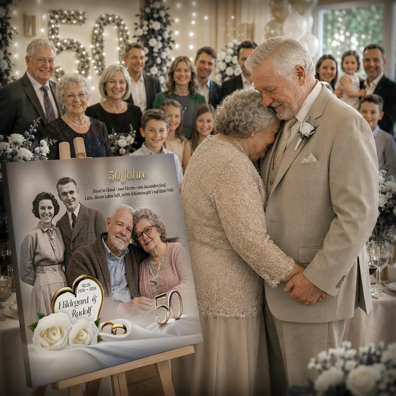 Personalisierte Leinwand als Geschenk zur Goldenen Hochzeit mit emotionalem Paarmoment, Familie im Hintergrund und Erinnerungsbild mit alten und neuen Fotos.