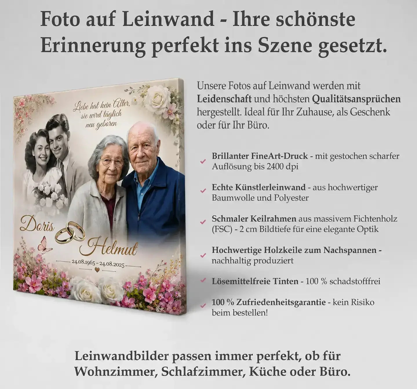 Leinwandbild mit Fotos und Textpassagen auf schmalem Holzrahmen, hochwertiger Fotodruck mit umlaufendem Motiv