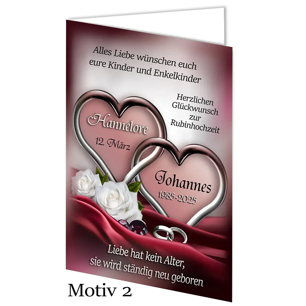 Rubinhochzeit Karte mit zwei silbernen Herzen, weißen Rosen, Eheringen und Glückwunschtext