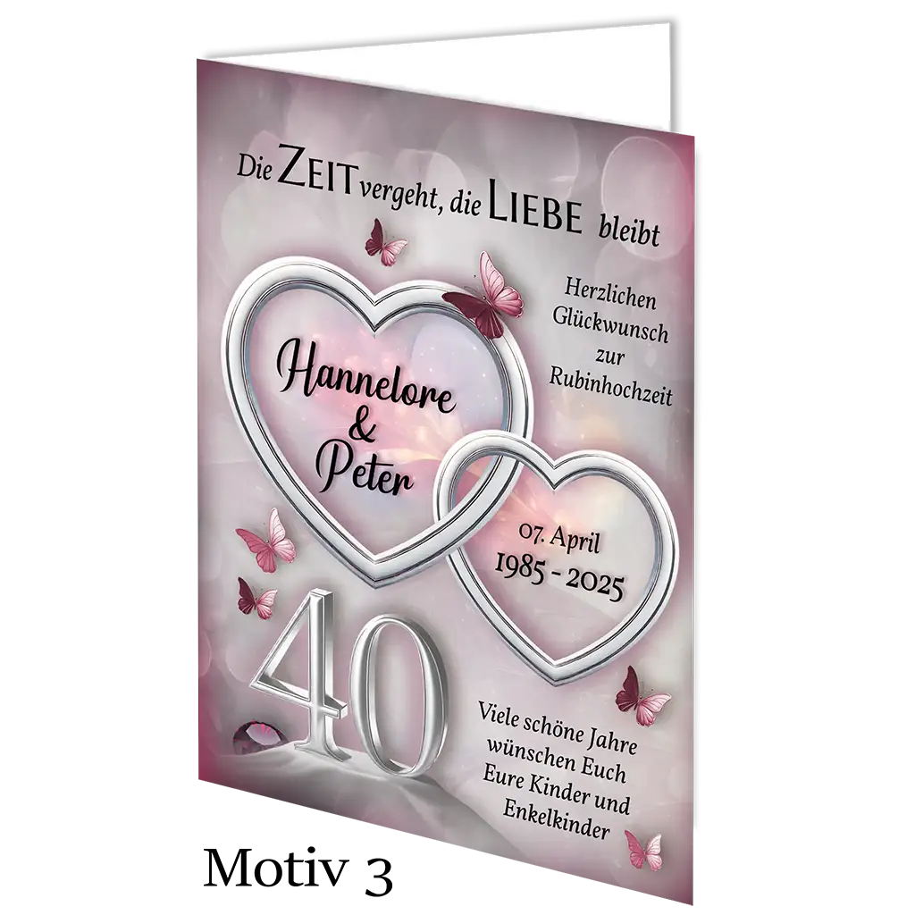 Rubinhochzeit Karte mit Herzen, Schmetterlingen und Aufschrift für 40. Hochzeitstag, Motiv 3