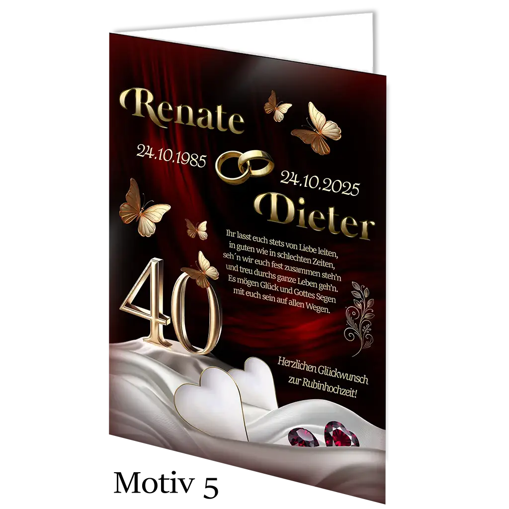 Rubinhochzeit Karte mit goldenen Ringen, Schmetterlingen und Zahl 40 auf rotem Hintergrund