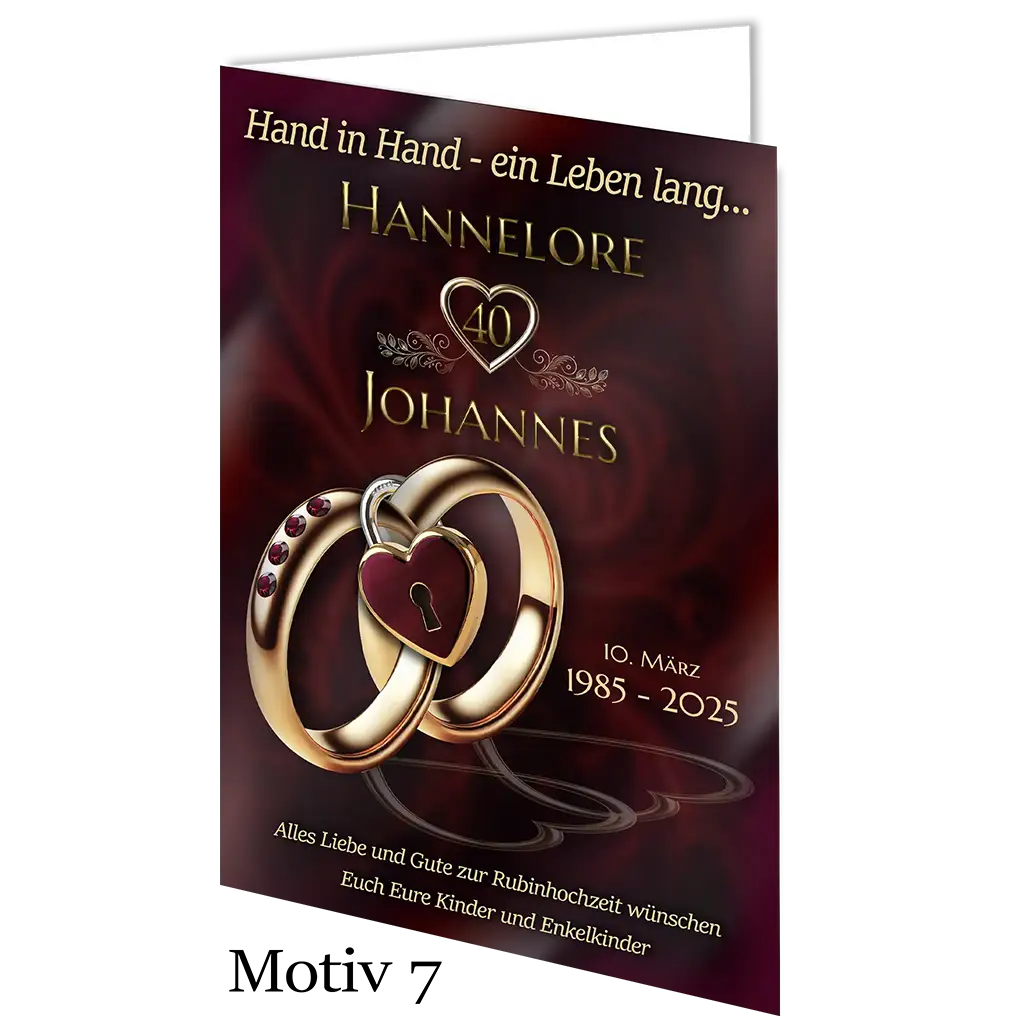 Rubinhochzeit Karte mit goldenen Ringen, Herz mit Schloss, Namen und Datum auf bordeauxrotem Hintergrund