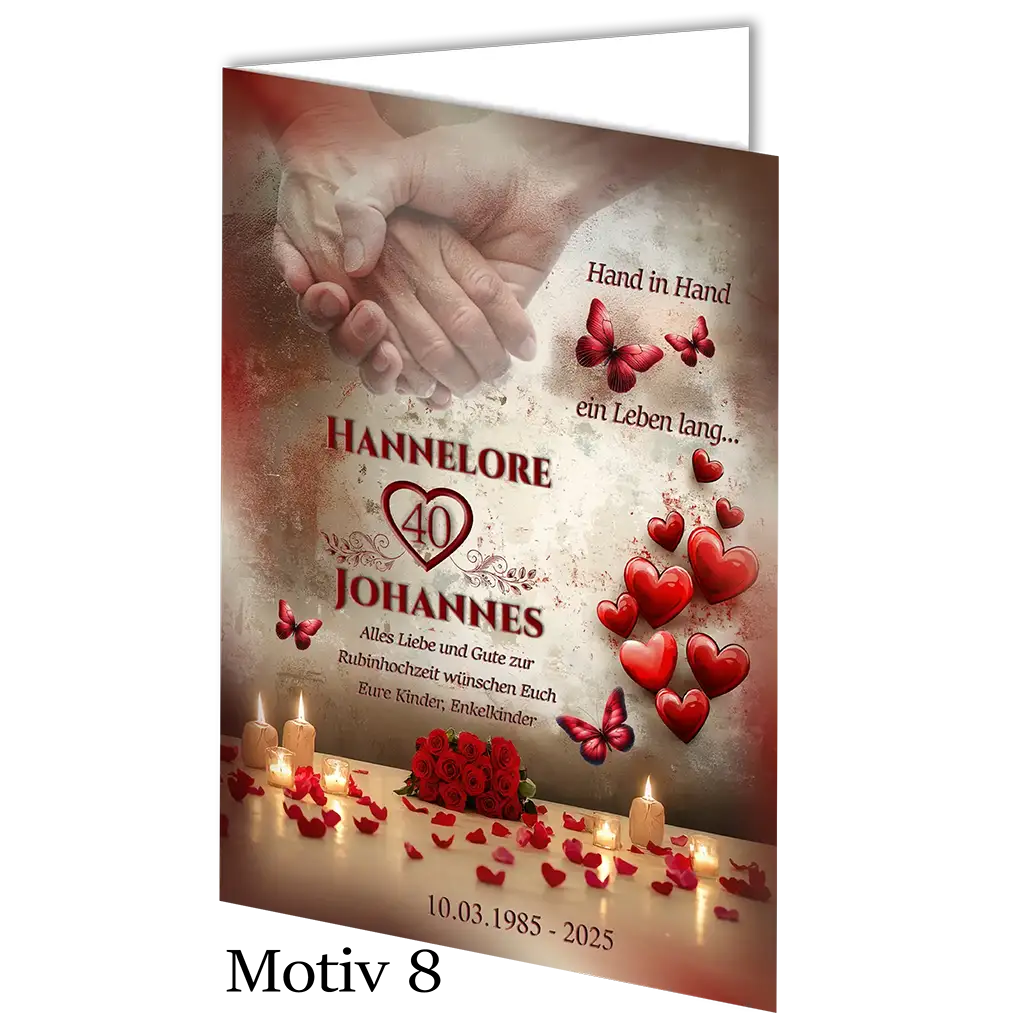 Rubinhochzeit Karte mit Herzen, Kerzen, Rosen, Schmetterlingen und zwei Händen, Jubiläum