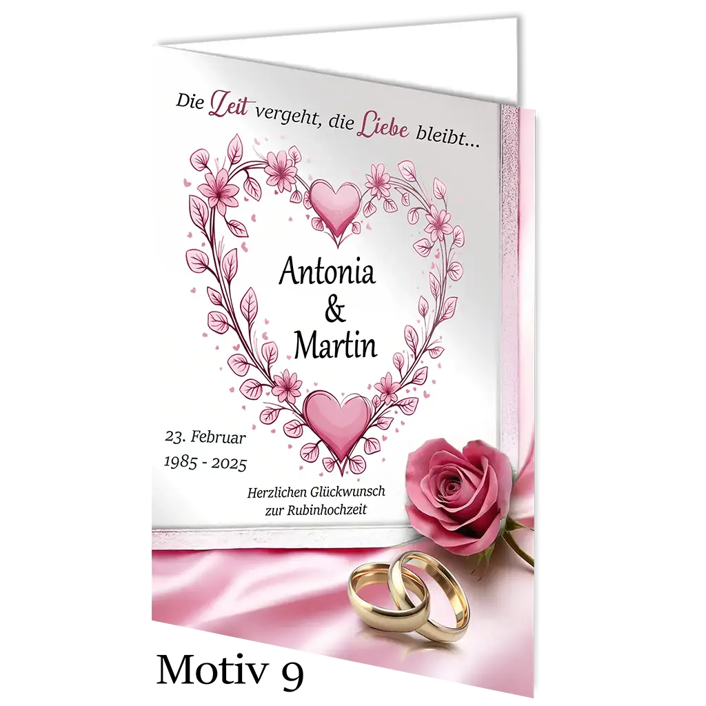 Rubinhochzeit Karte mit pinkem Herz, Rosen, Eheringen und Namenspersonalisiert, Motiv 9