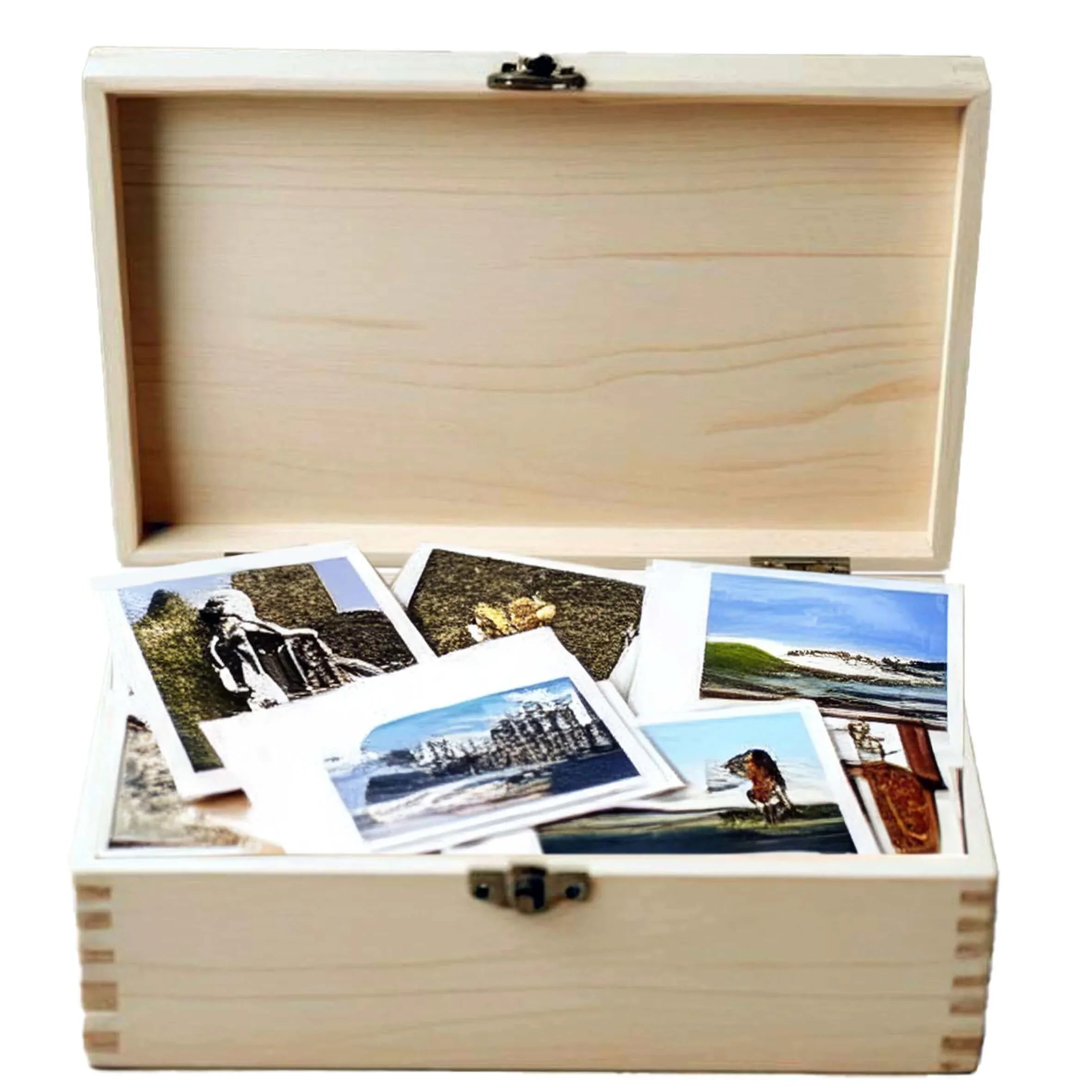 Offene Holzbox mit mehreren Fotos, Geschenkbox, Fotobox, Erinnerungsbox