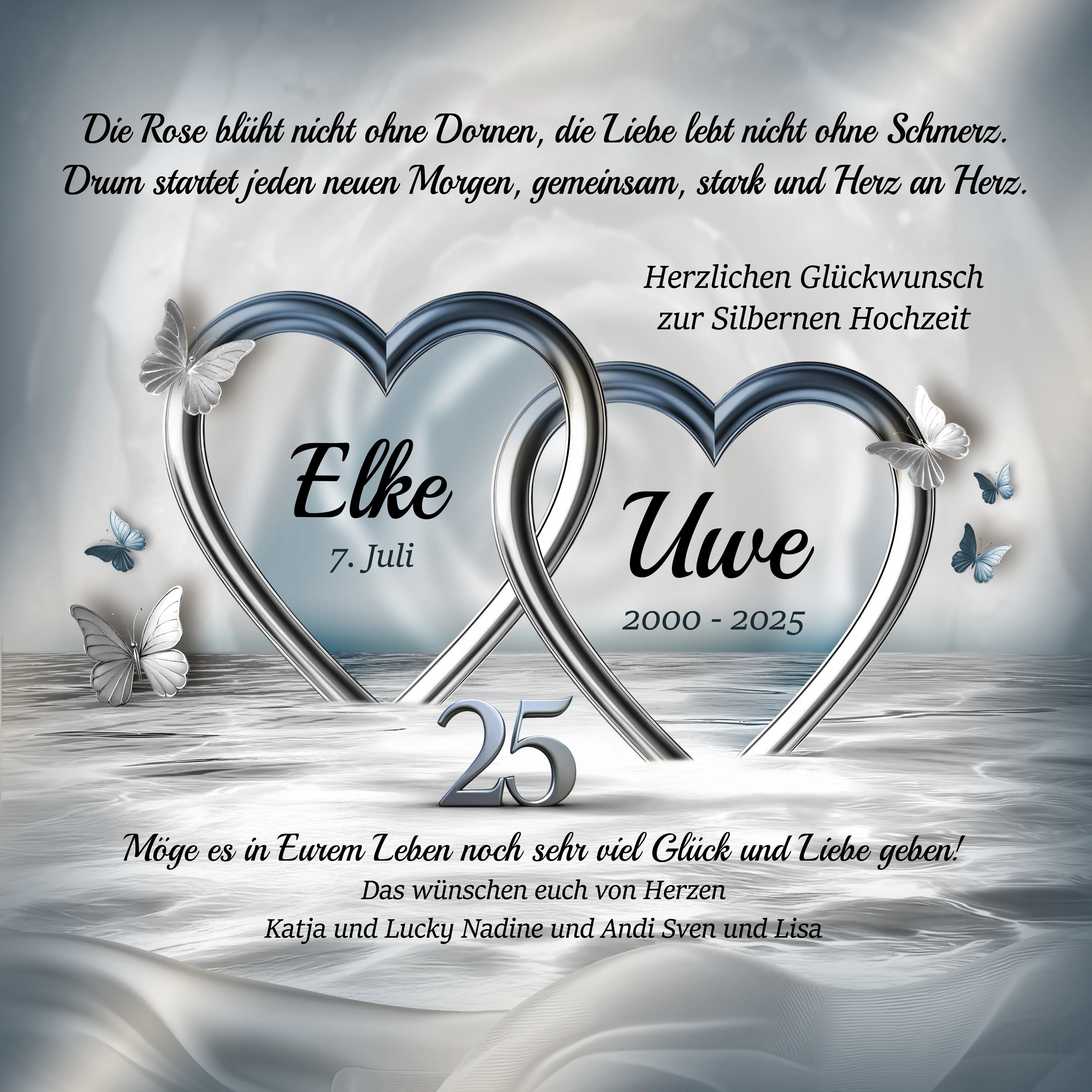 Silberne Hochzeit Karte mit zwei silbernen Herzen, Schmetterlingen und Glückwünschen für Elke und Uwe, 25 Jahre, elegante Wasser- und Rosenhintergrund.