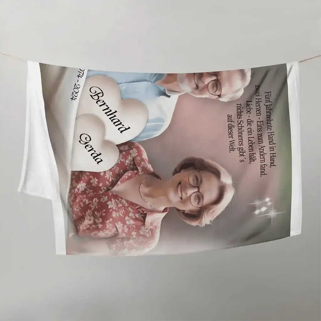 Personalisiere Wolldecke Goldhochzeit mit Foto älteres Paar, Namen Bernhard und Gerda, Spruch, Herzmotiv