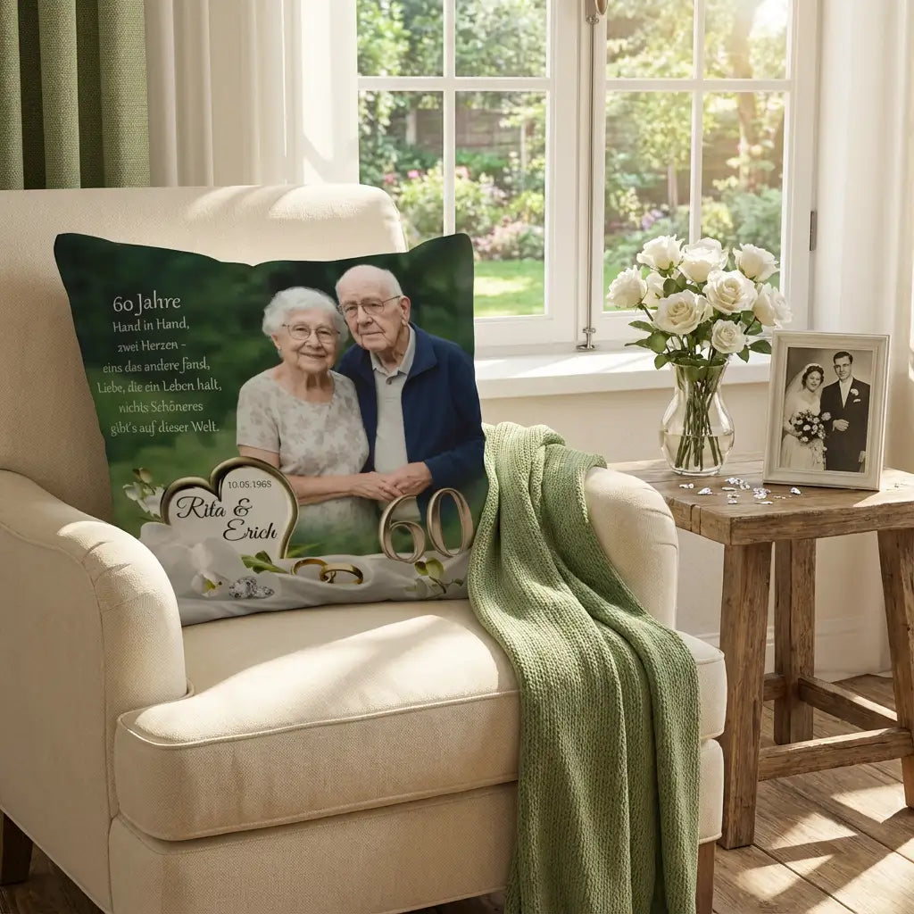 zum 65. Hochzeitstag - Mockup um Jubiläum der Diamanthochzeit. Kissen mit Foto und Textpassagen