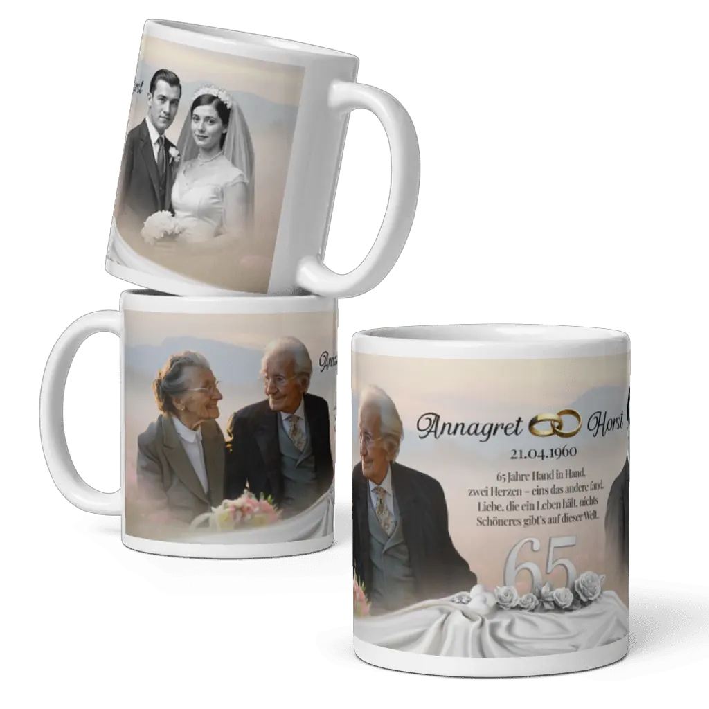 Keramiktasse 65 Jahre Ehe mit Datum und Bild des Jubelpaares
