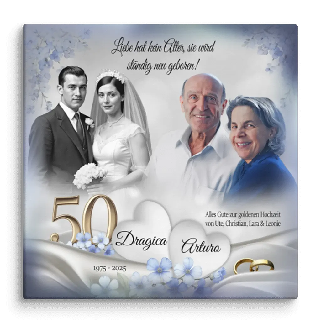 Personalisierte Leinwand goldene Hochzeit mit Brautpaar, Jubiläumsmotiv, goldene 50, Namen, Blumen