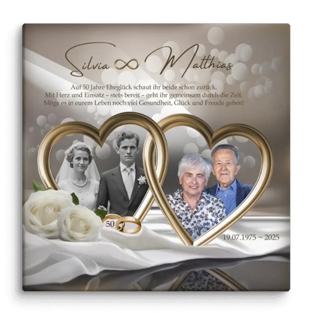 Personalisierte Leinwand zur Goldenen Hochzeit mit Doppelherz, Fotos, Rosen und Jubiläumsdatum