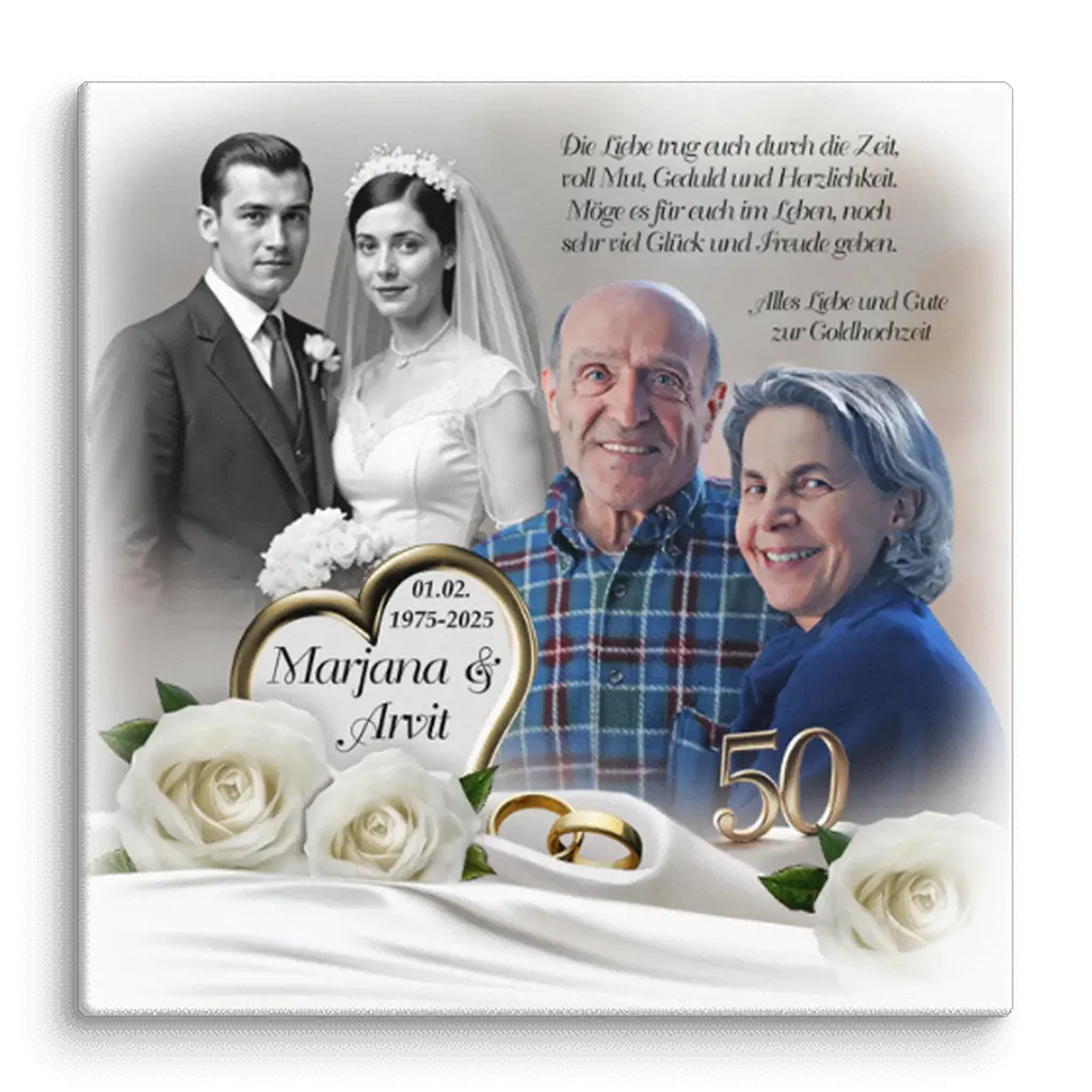 Collage zur Goldhochzeit mit Hochzeits- und aktuellem Paarfoto, weißen Rosen, goldenen Ringen und 50-Jahre-Zahl.