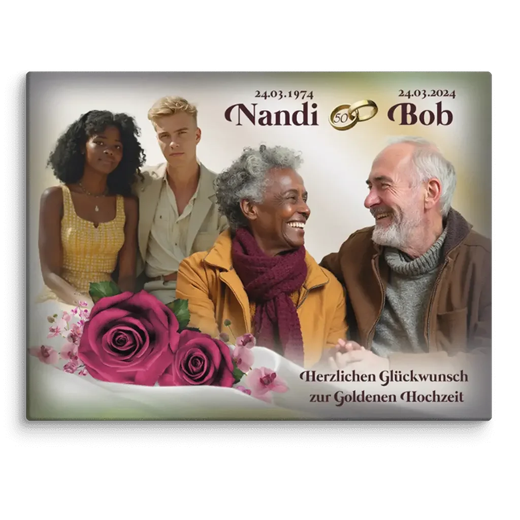 Familienfoto zur Goldenen Hochzeit, ältere lachende Frau und Mann, zwei jüngere Erwachsene, Rosenmotiv, Text: Herzlichen Glückwunsch zur Goldenen Hochzeit