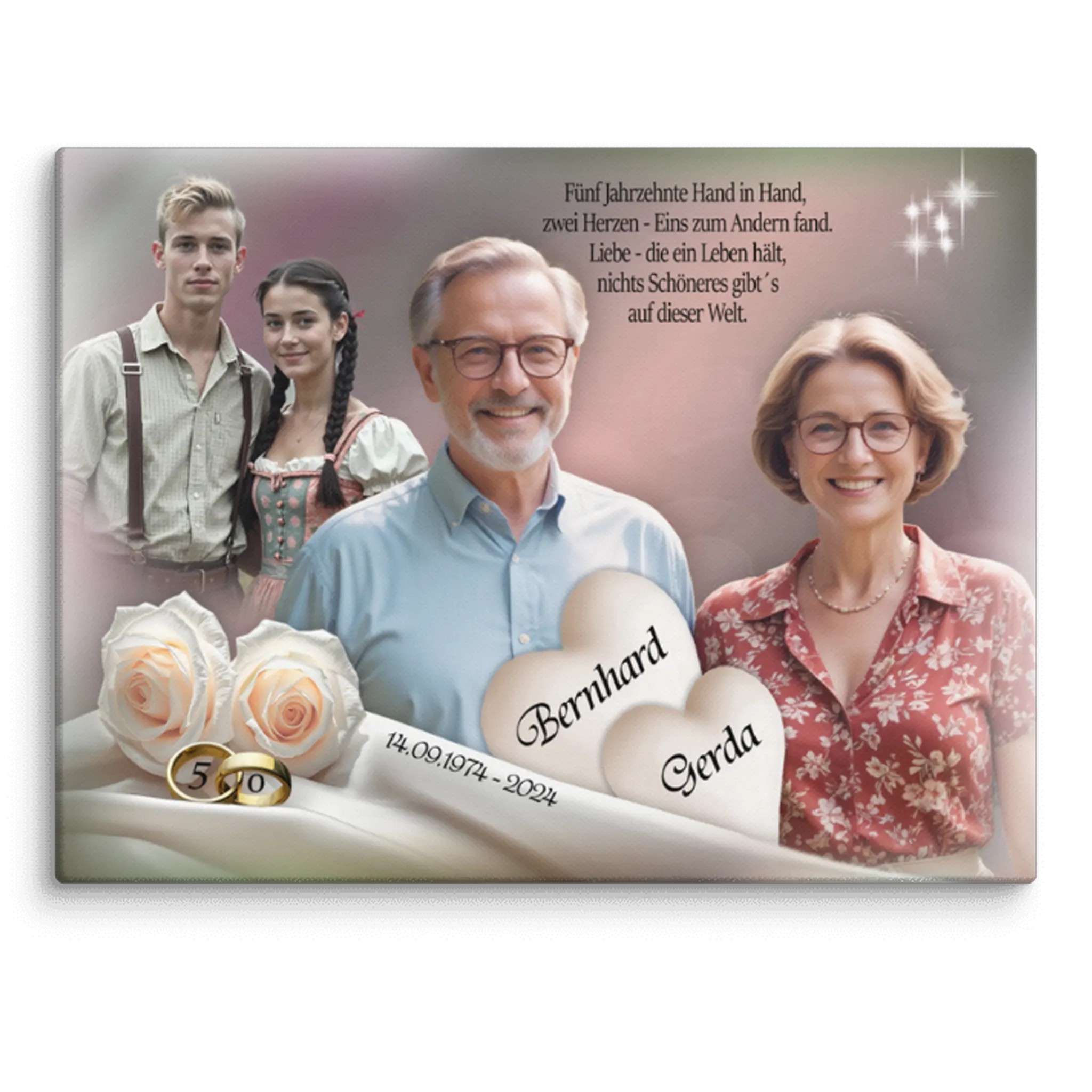 Fotocollage auf Leinwand zur Goldhochzeit mit goldenen Herzen und Rosen

