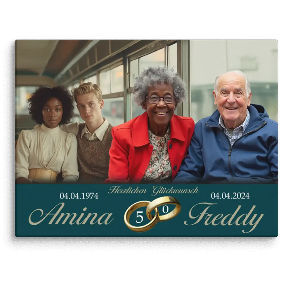 Leinwand mit älterem Ehepaar, goldenen Eheringen, Jubiläumsdaten und Glückwünschen zur goldenen Hochzeit