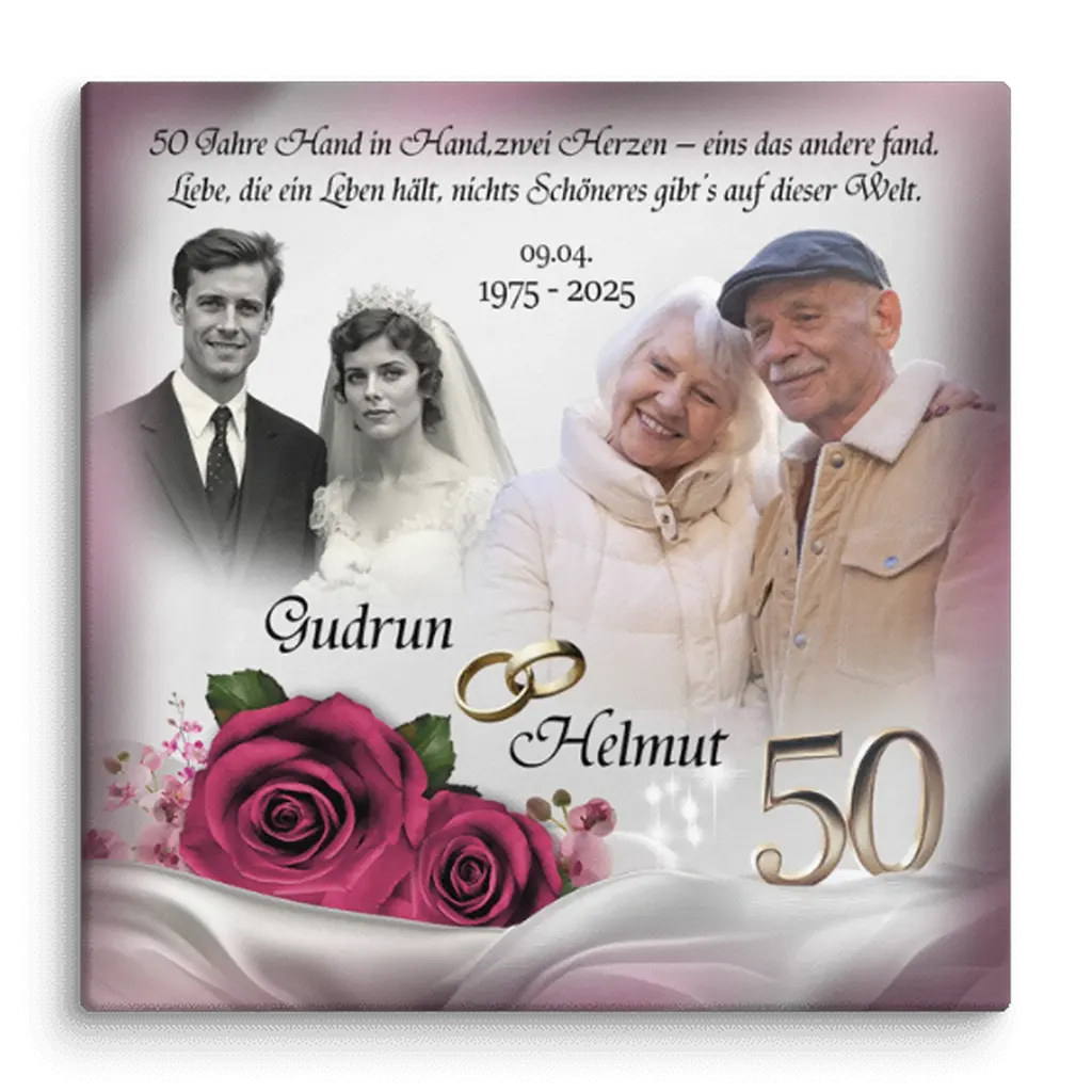 Personalisierte Leinwand zur goldenen Hochzeit mit Porträts von Paar früher und heute, Rosen, Eheringen und Jubiläumsdatum.