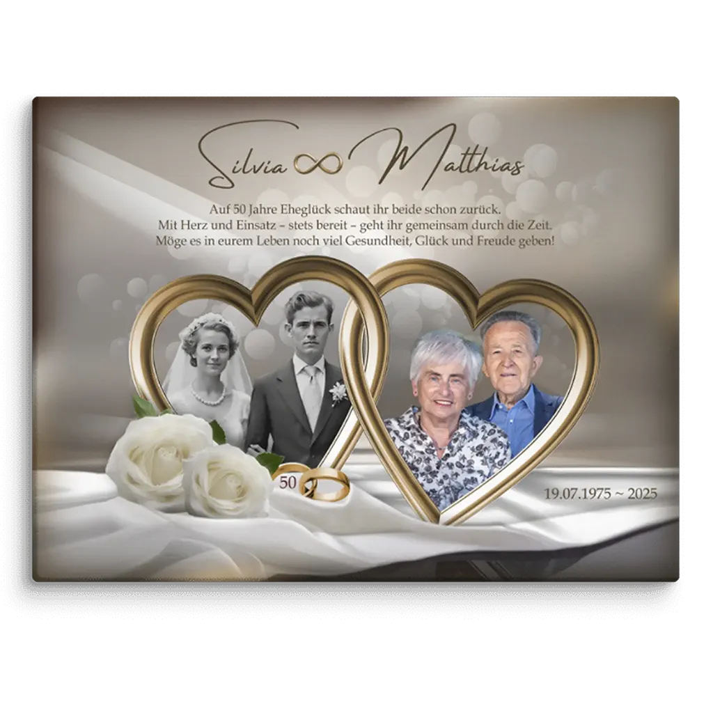 Personalisierte Leinwand Goldene Hochzeit, Vintage- und aktuelles Paarfoto in goldenen Herzen, Rosen, Ringe, Jubiläum 50 Jahre, elegant dekoriert.