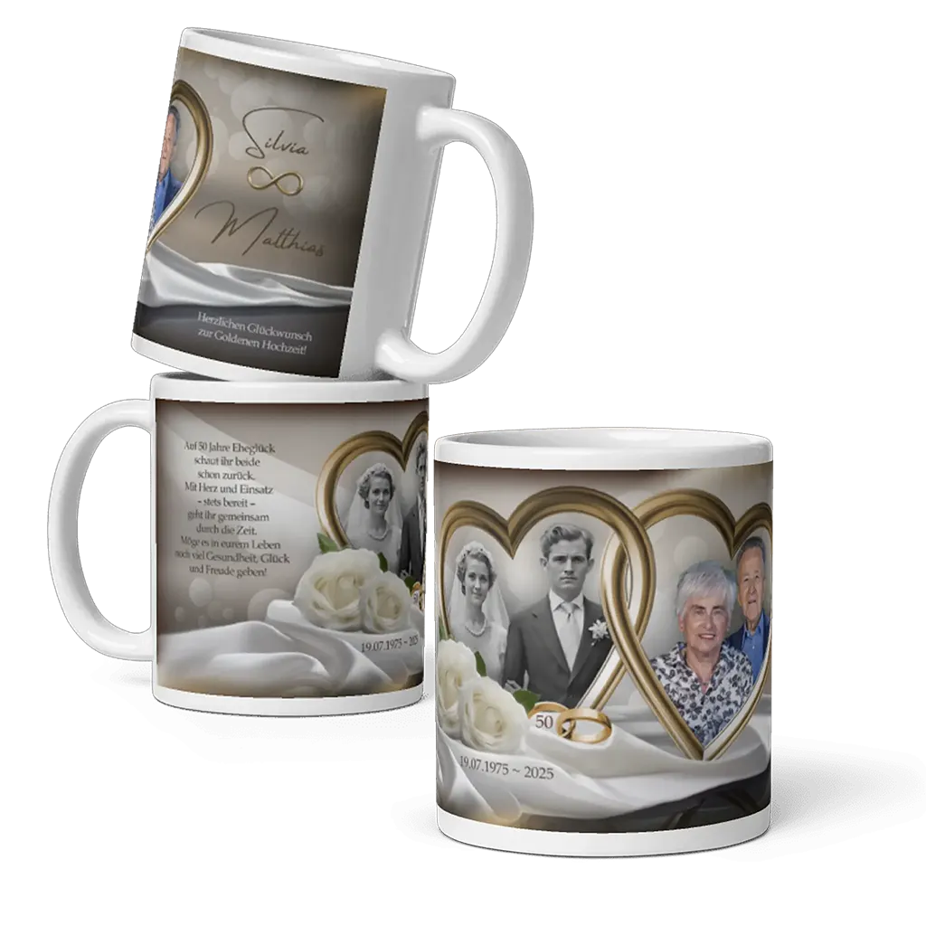 Keramiktasse mit Foto und Namen in goldenen Herzen zur Goldenen Hochzeit