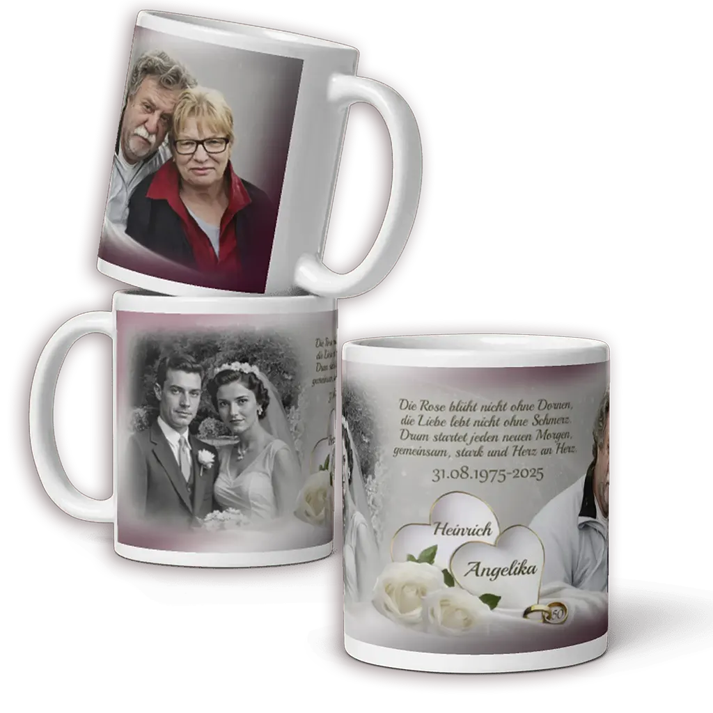 Personalisierte Tasse mit Namen und Hochzeitsdatum zur Goldenen Hochzeit

