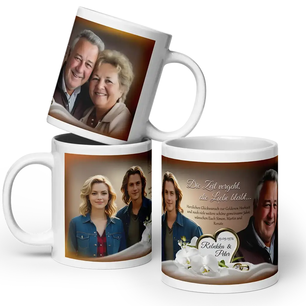Fototasse als Geschenk zur Goldhochzeit mit persönlichem Text

