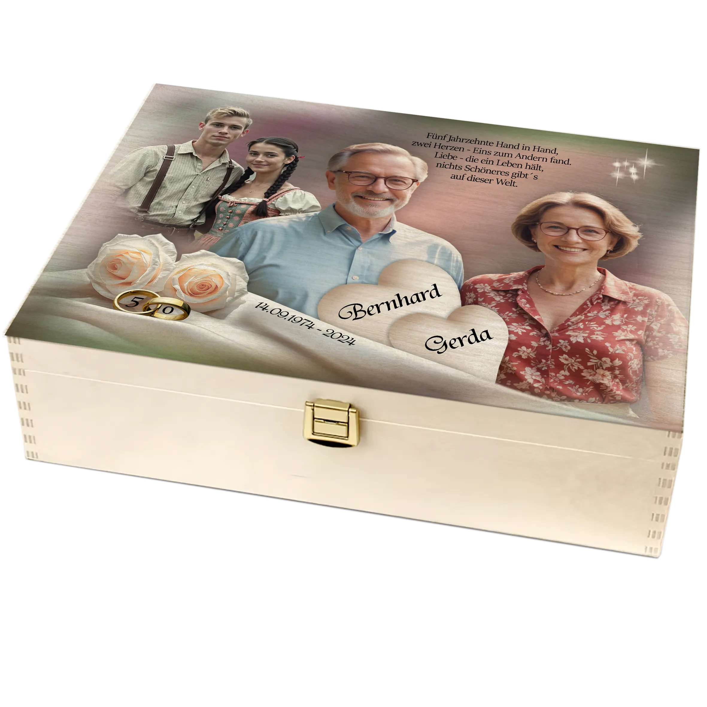 Holzbox mit Foto des Jubiläumspaares zur Goldenen Hochzeit